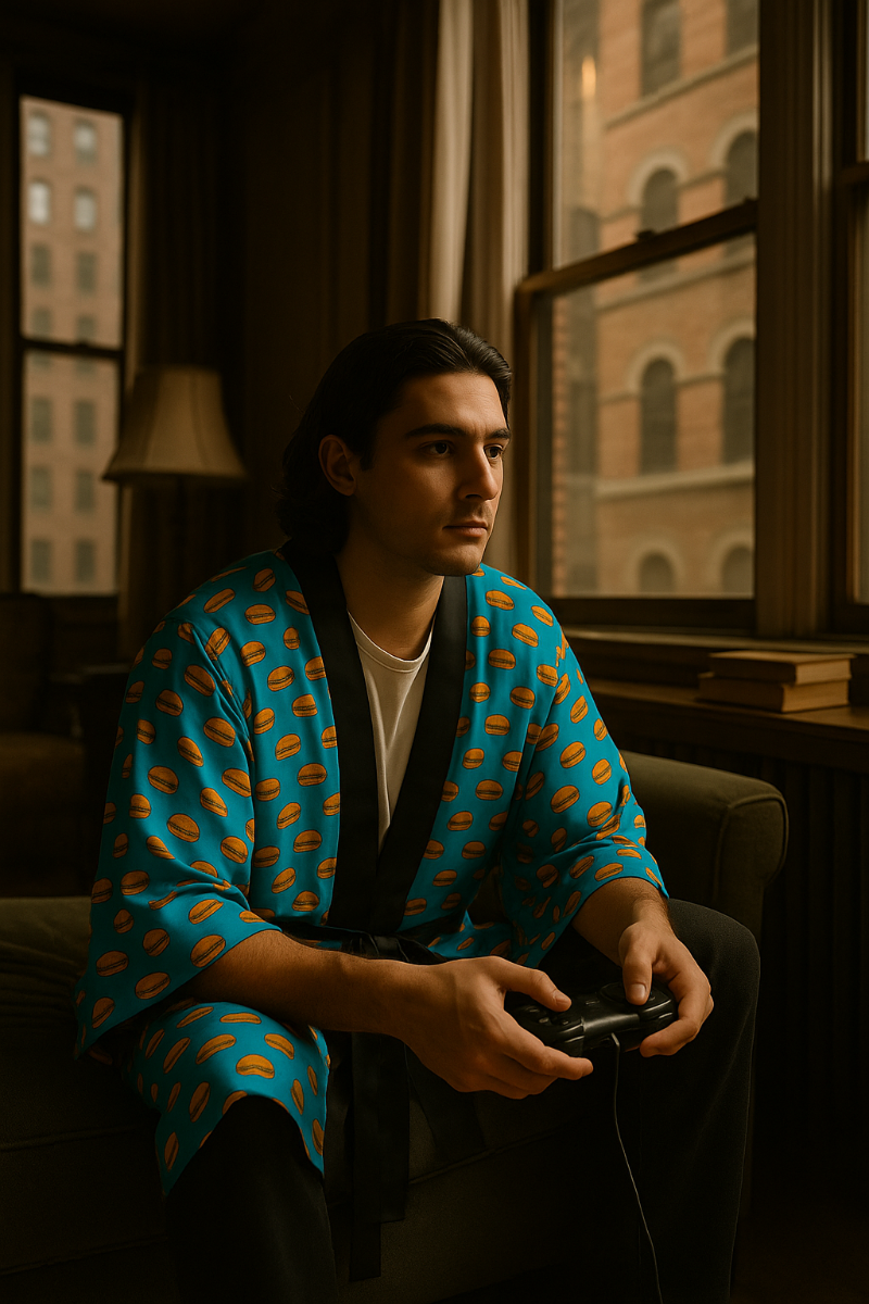 A man wearing Chopped Cheese food print kimono robe in a moody indoor setting