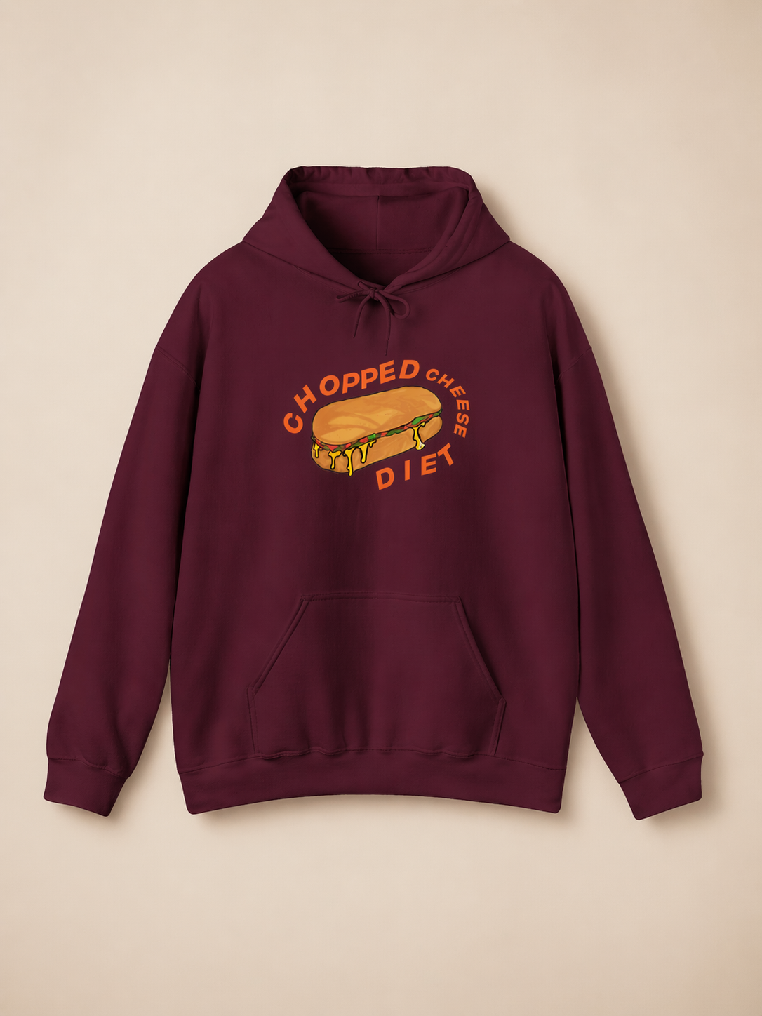 Burgundy chopped cheese hoodie front view featuring sandwich graphic, unisex streetwear hoodie with NYC food theme.