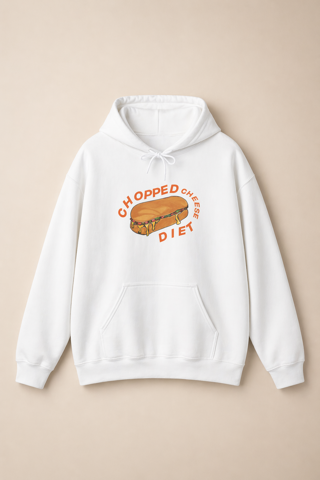 White chopped cheese hoodie front view featuring NYC bodega sandwich graphic and “chopped cheese diet” design in streetwear style.