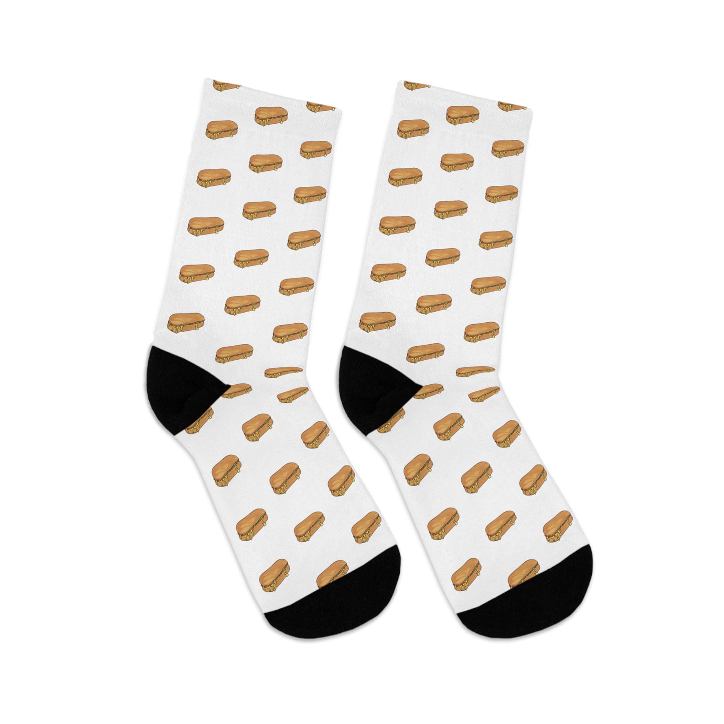 Chopped cheese unisex crew socks flat lay showing NYC deli sandwich pattern on white background