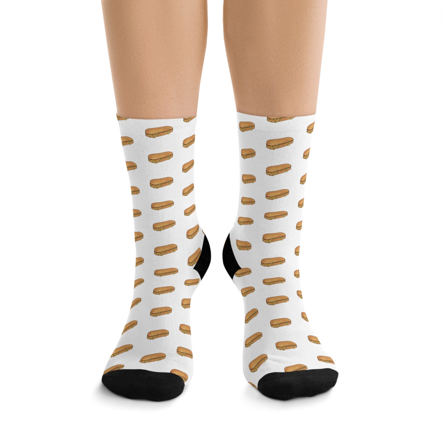 Chopped cheese unisex crew socks front view on model with NYC deli sandwich pattern on white background