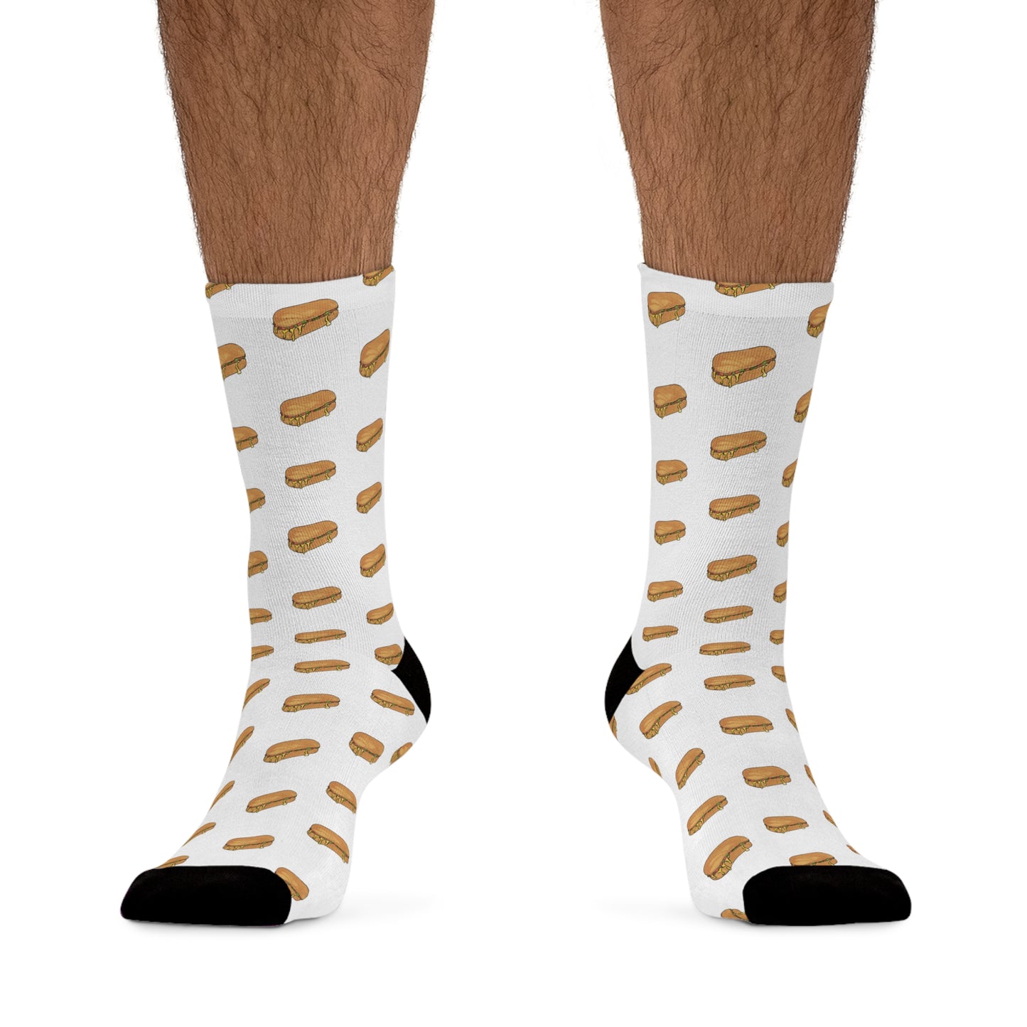Chopped cheese unisex crew socks on male model angled view featuring NYC deli sandwich pattern on white background
