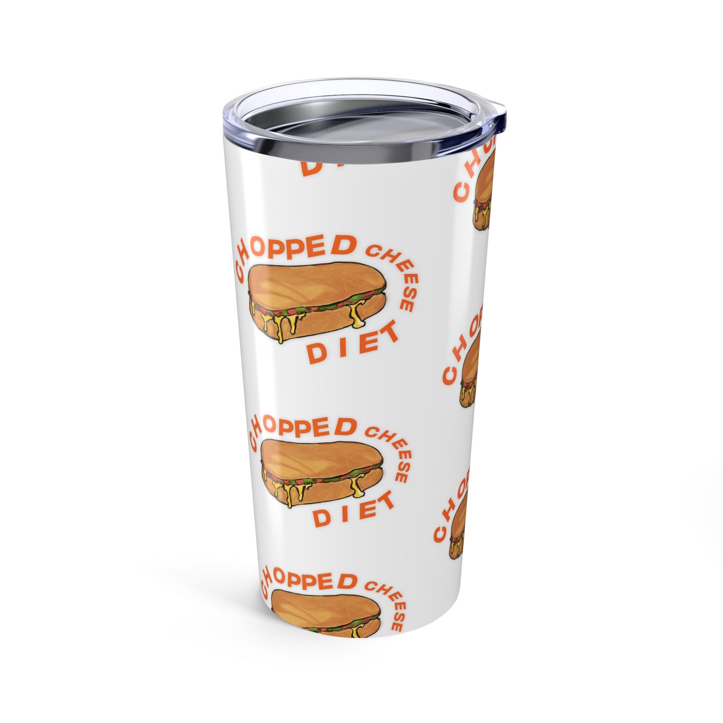 Chopped Cheese Tumbler 20oz stainless steel travel tumbler with repeating chopped cheese sandwich illustration