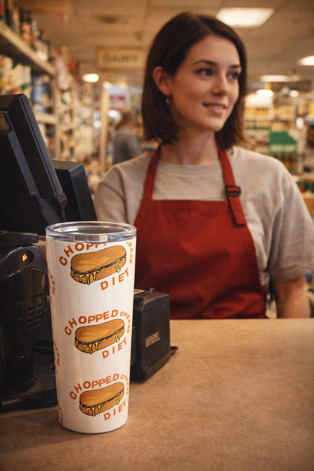 Chopped Cheese Tumbler 20oz stainless steel travel cup with New York deli sandwich design on counter inside NYC deli