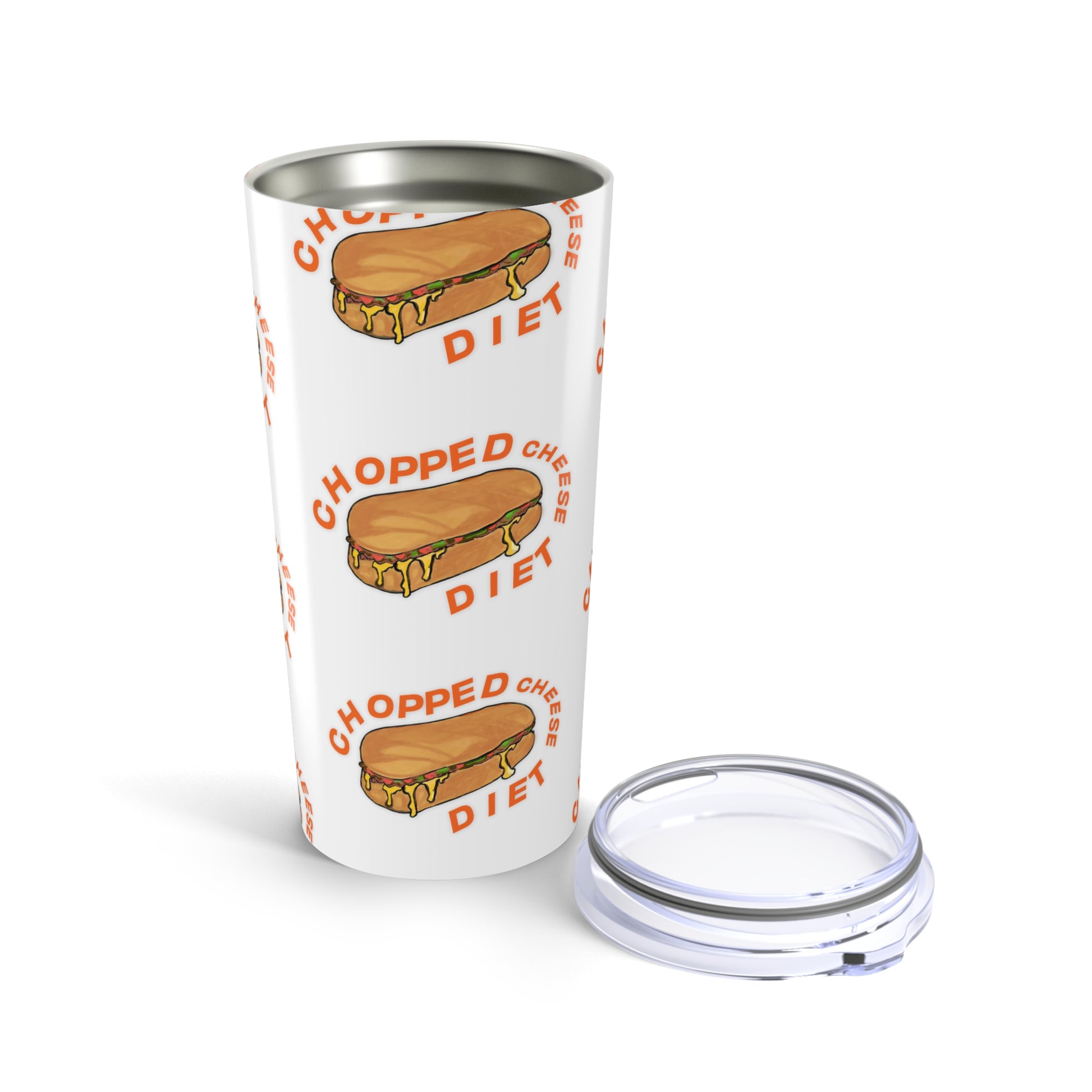 Chopped Cheese Tumbler 20oz stainless steel insulated travel cup with chopped cheese sandwich artwork and lid