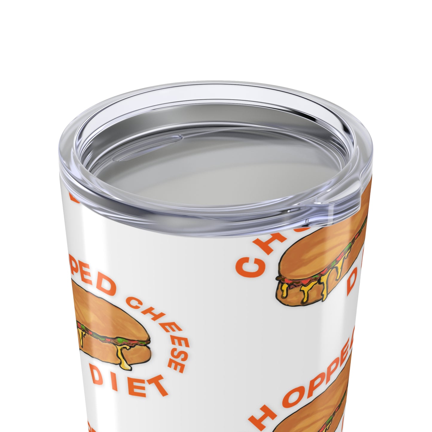Close up of Chopped Cheese Tumbler 20oz stainless steel insulated lid and drink opening