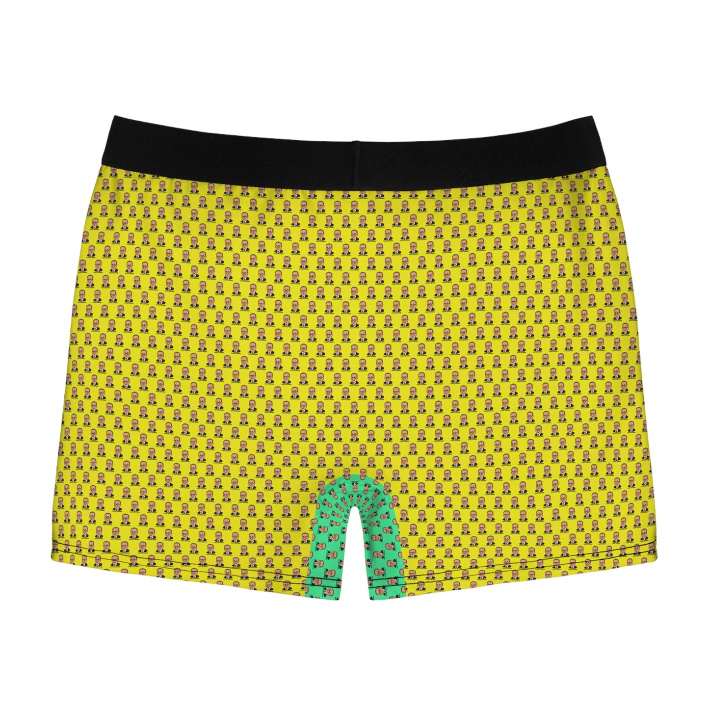 Back view of colorful Chuck Schumer novelty boxer briefs featuring an all-over cartoon print.