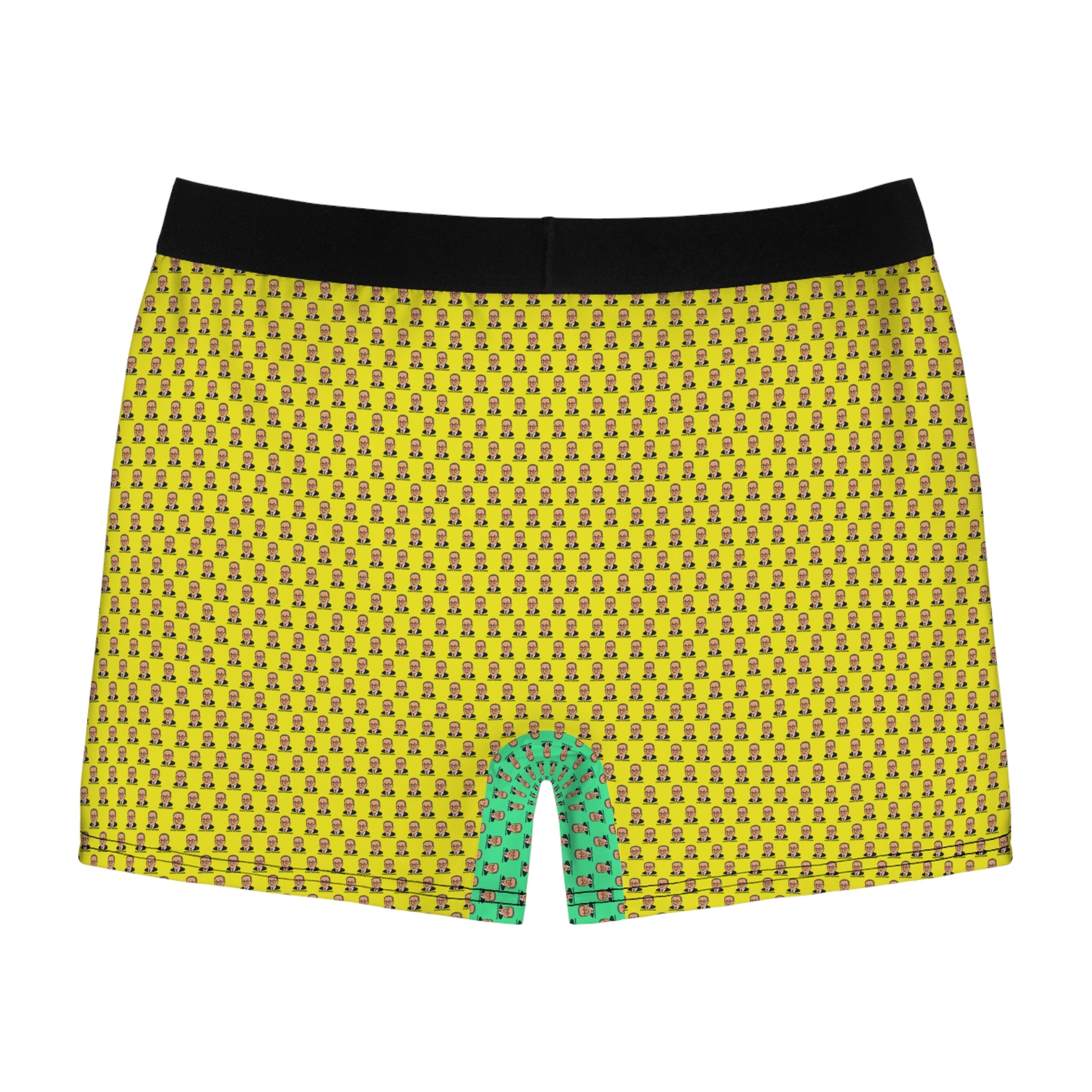 Back view of colorful Chuck Schumer novelty boxer briefs featuring an all-over cartoon print.