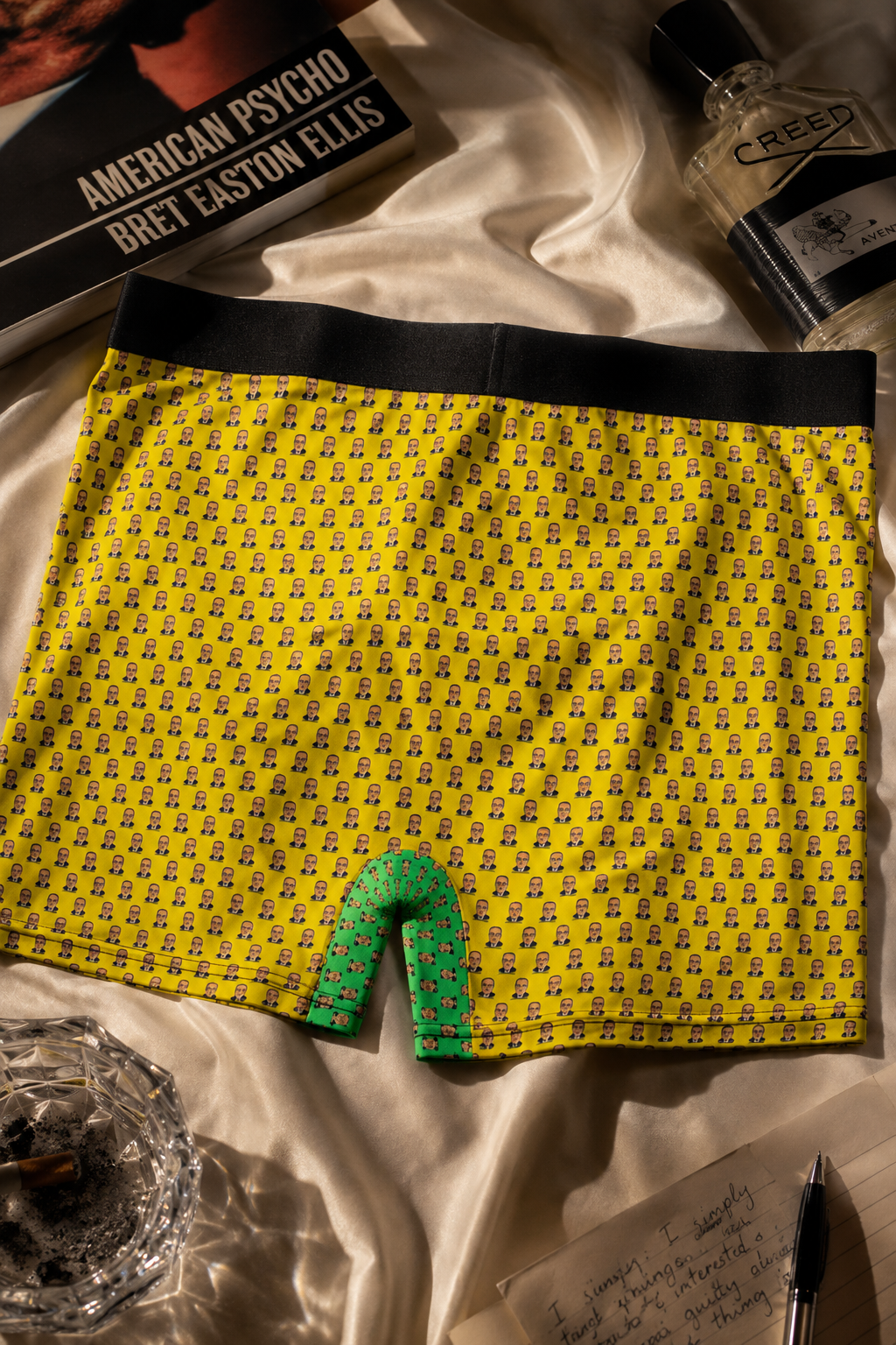 Rear flat lay of colorful Chuck Schumer novelty boxer briefs with vibrant all-over print.