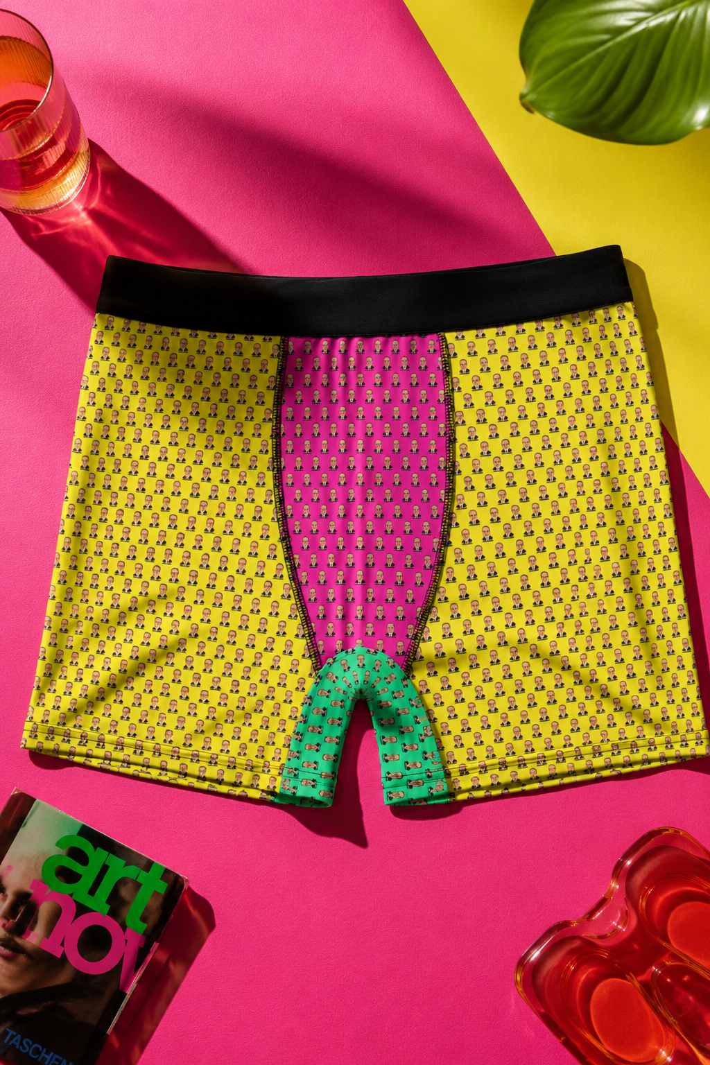 Flat lay of colorful Chuck Schumer graphic boxer briefs featuring an all-over cartoon face pattern.