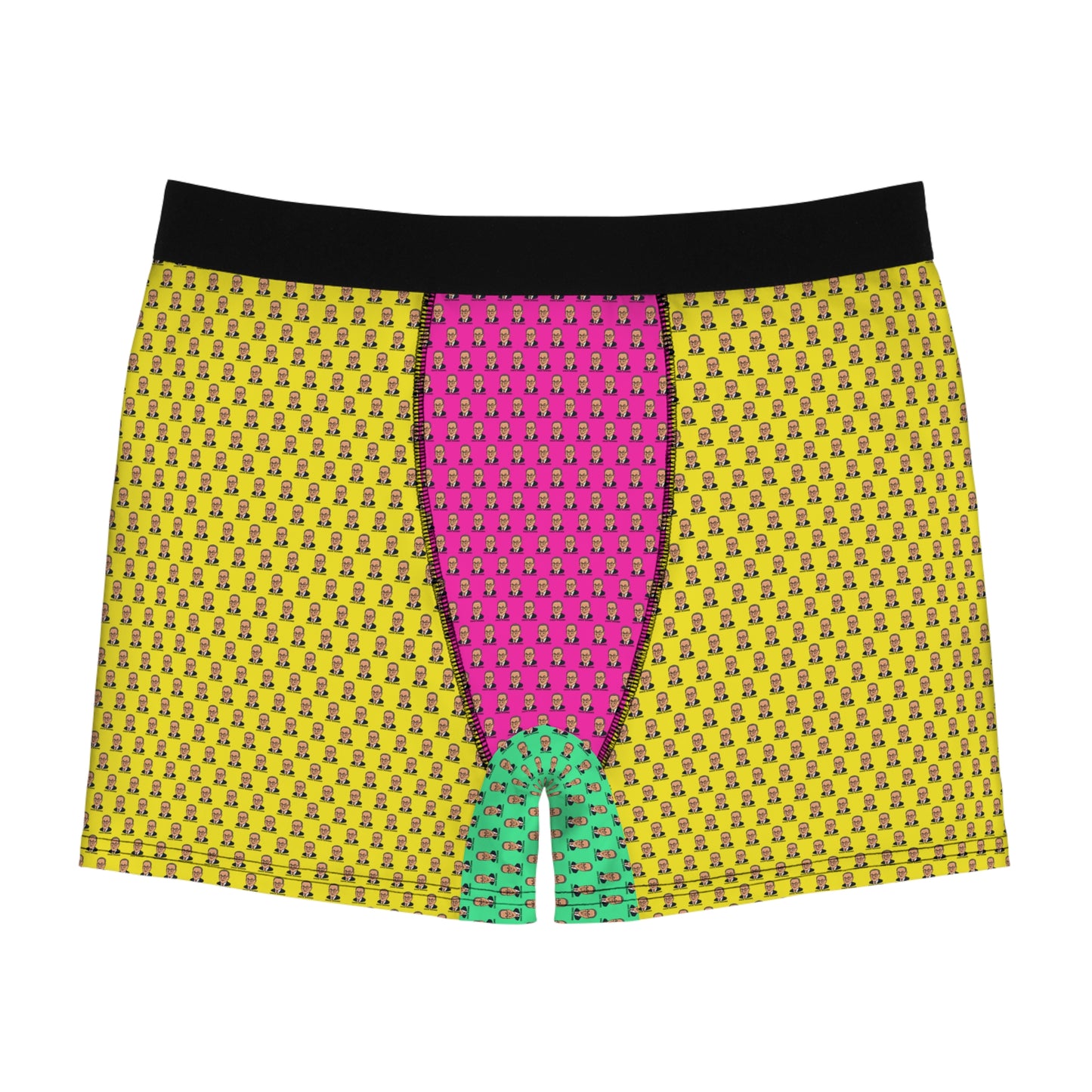 Front view of colorful Chuck Schumer men's boxer briefs with a vibrant cartoon face pattern.