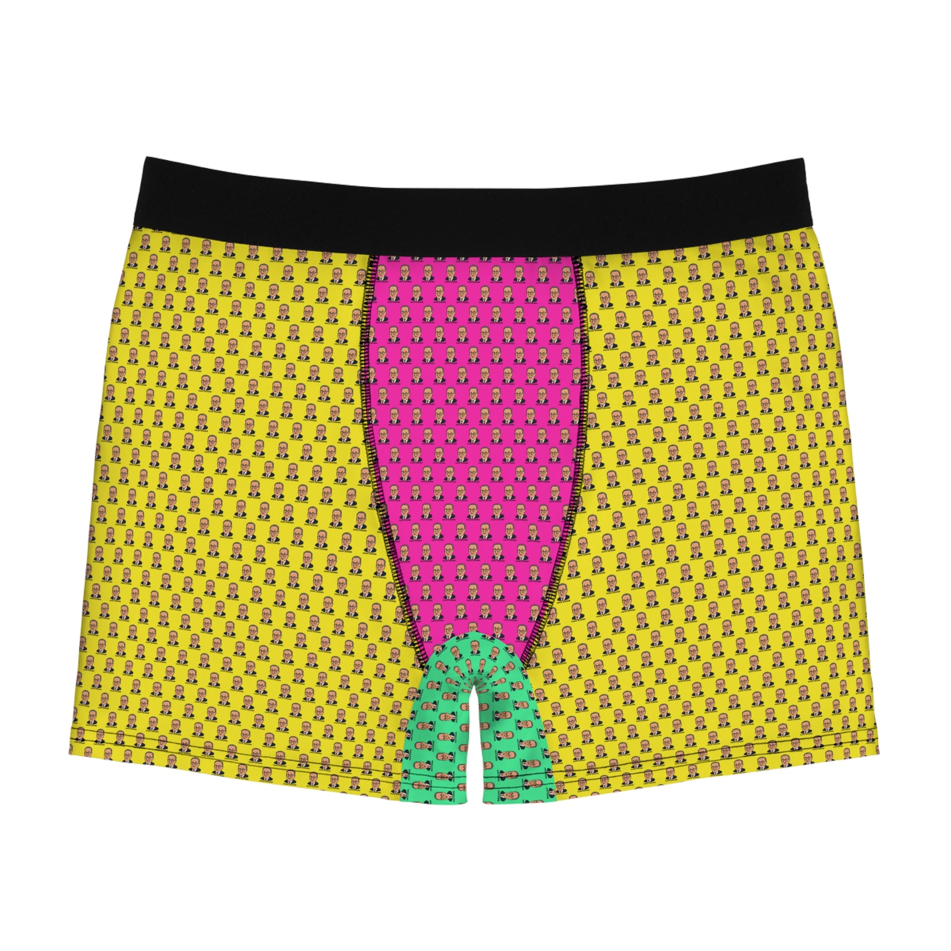 Front view of colorful Chuck Schumer men's boxer briefs with a vibrant cartoon face pattern.