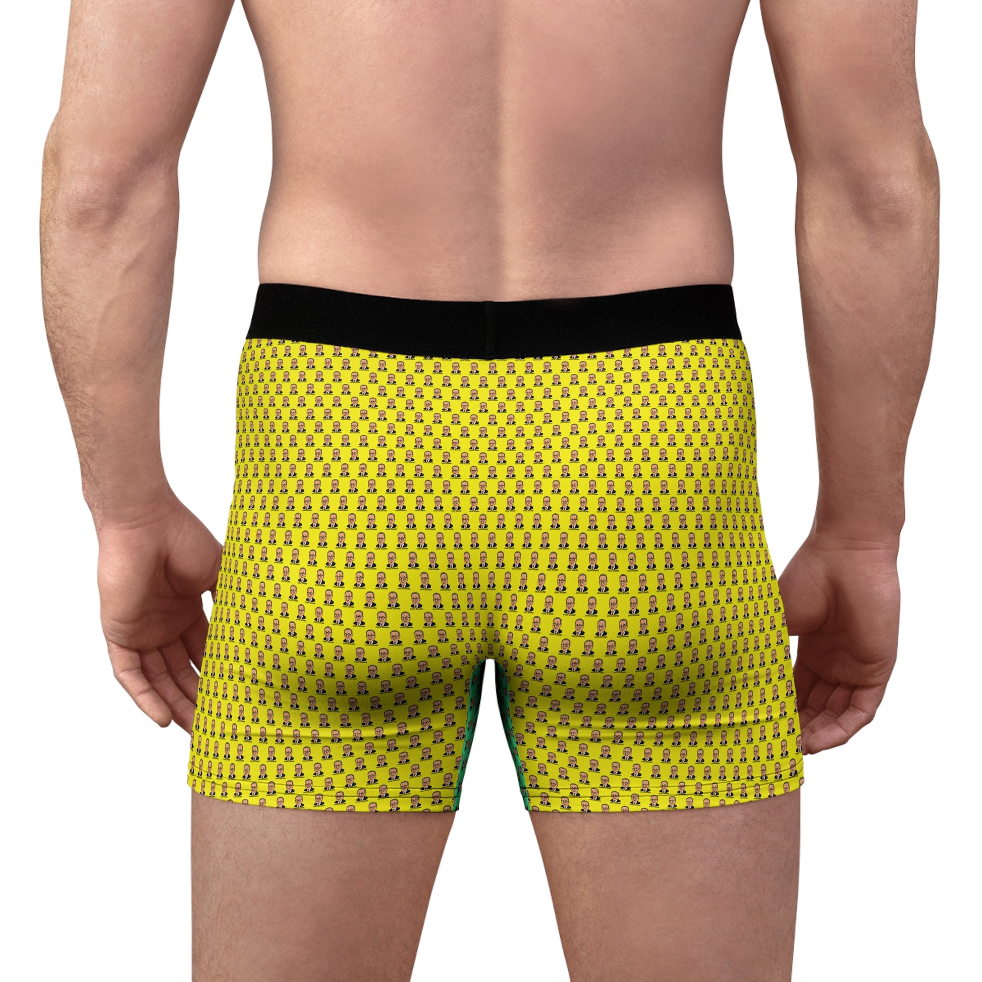 Rear model view of Chuck Schumer colorful novelty boxer briefs with premium all-over print.