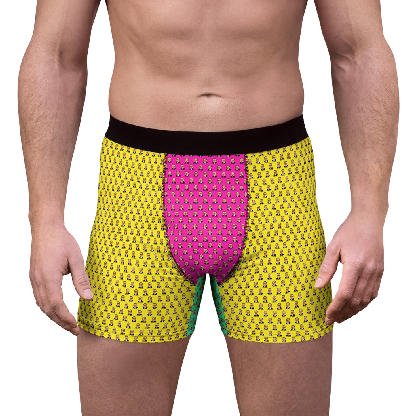 Front model view of Chuck Schumer graphic boxer briefs with a colorful all-over political satire print.