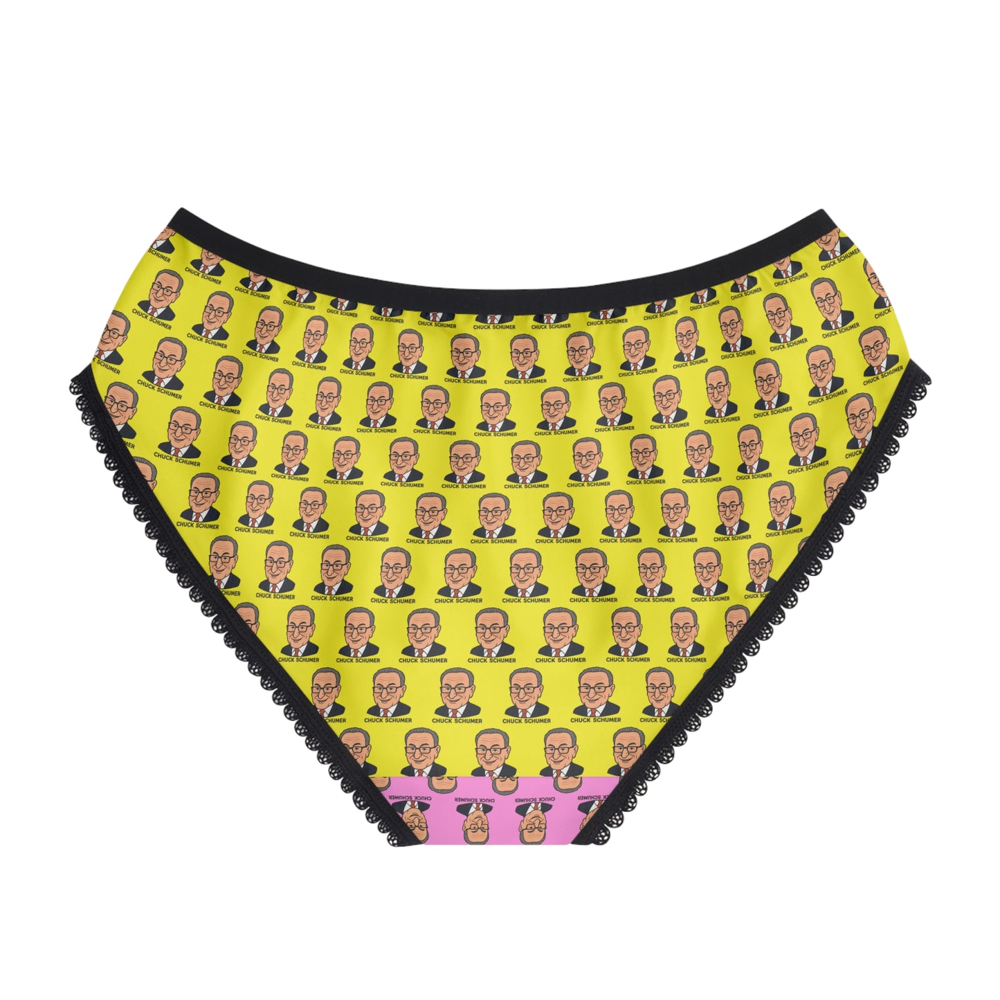 Back view of colorful Chuck Schumer novelty women's panties featuring a vibrant all-over political satire print.