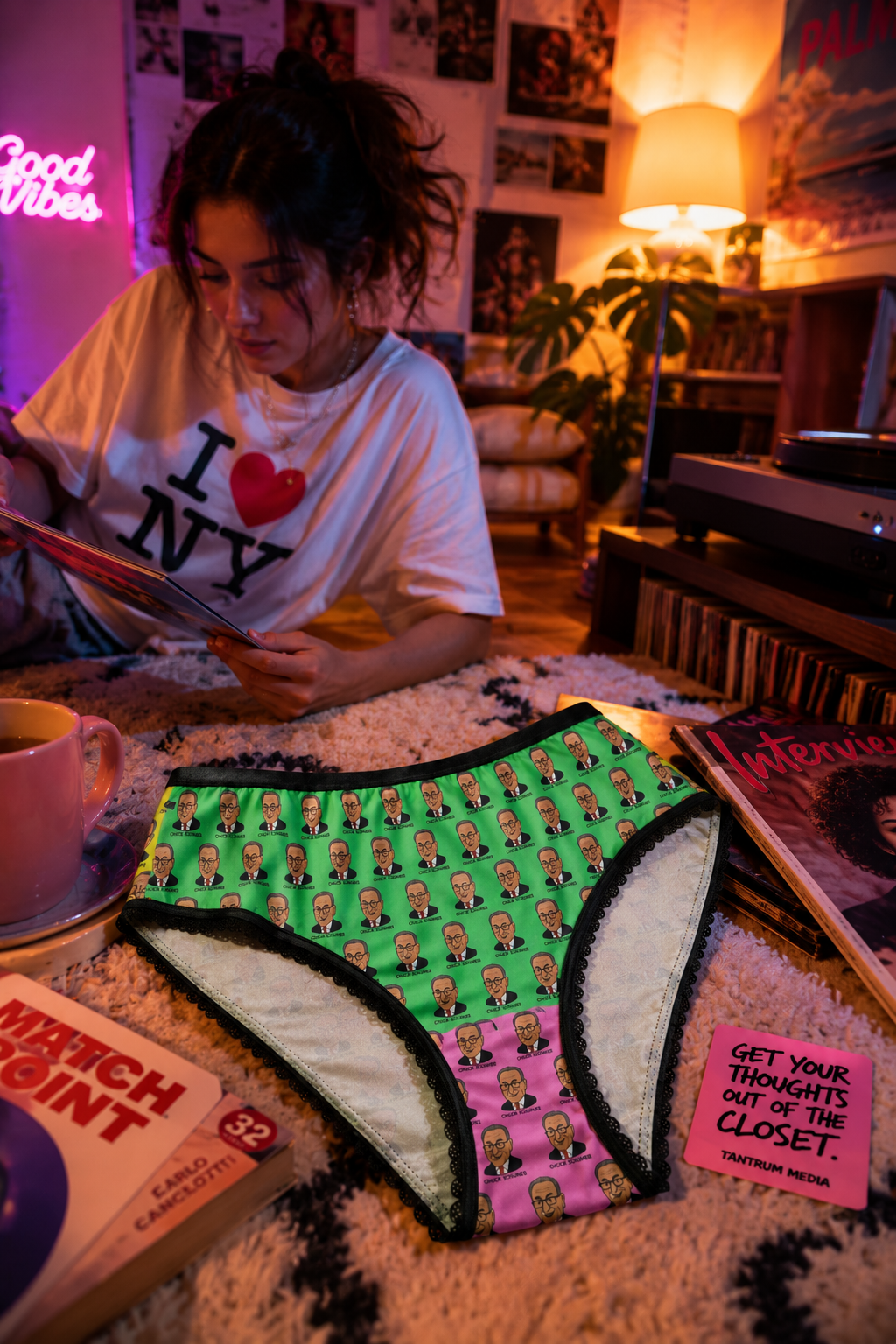 Editorial lifestyle image featuring colorful Chuck Schumer women's panties in a vibrant bedroom setting.
