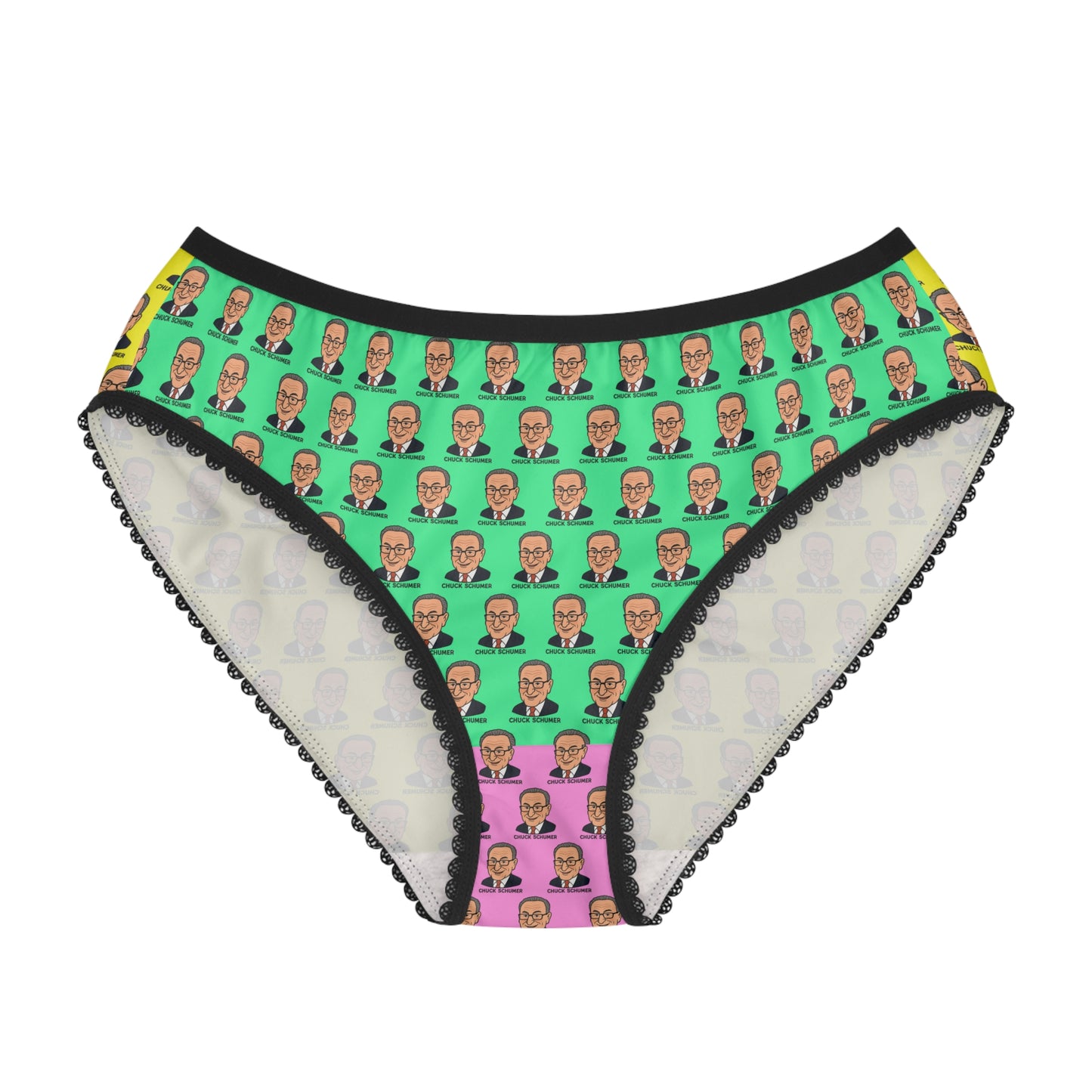 Front view of Chuck Schumer women's panties with a colorful all-over cartoon face pattern.