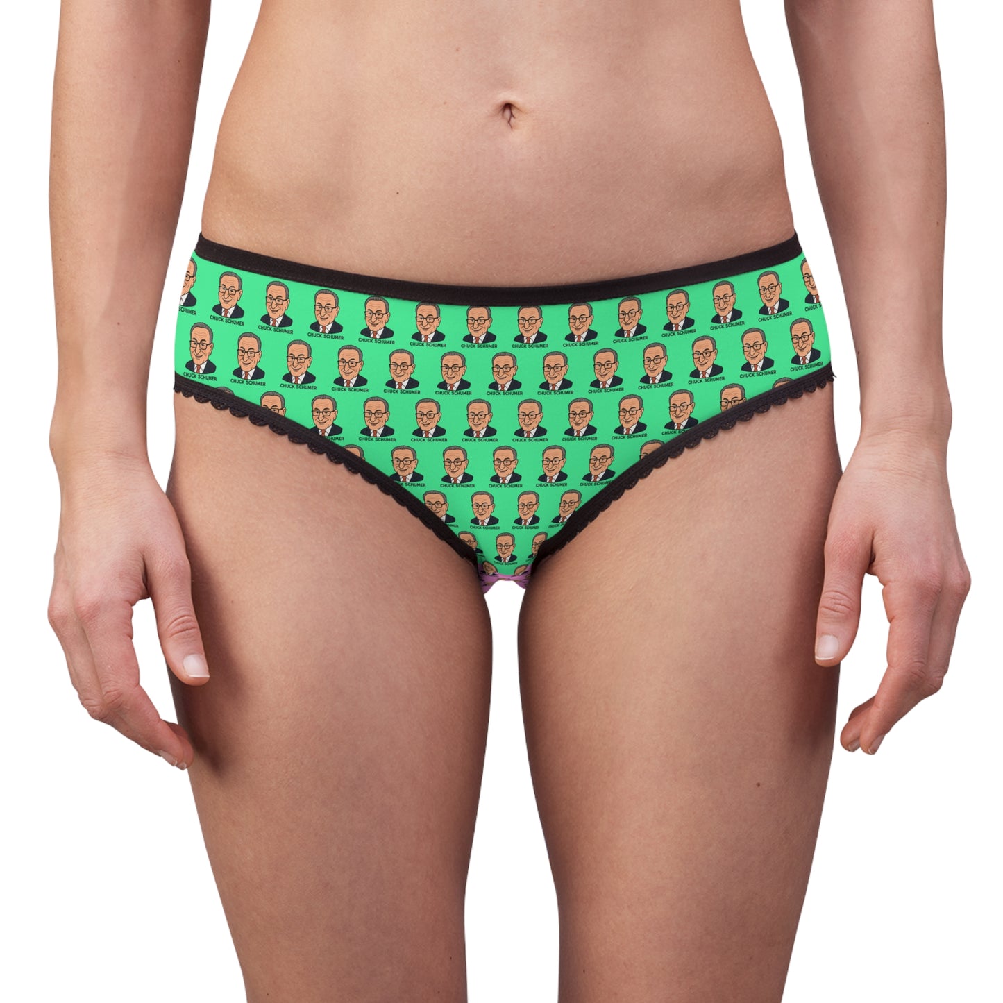 Front model view of Chuck Schumer women's novelty panties with a colorful cartoon face pattern.