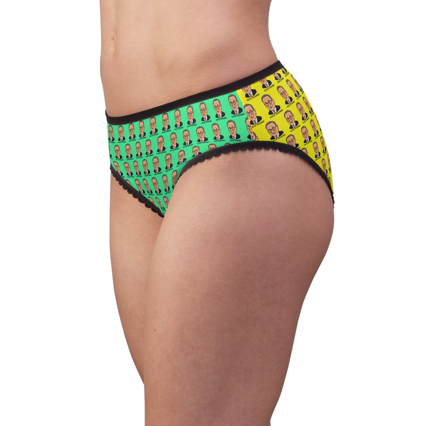 Side model view of colorful Chuck Schumer women's graphic panties with vibrant all-over print.