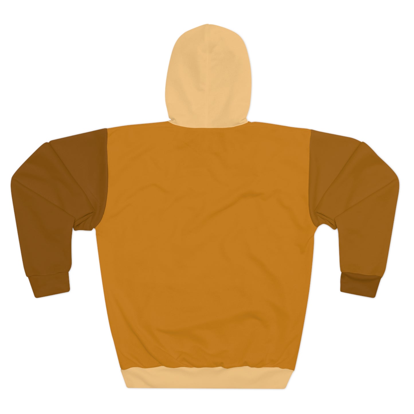 Back view of the Cinnamon Brown unisex hoodie featuring warm mustard, brown, and beige color-block panels with a hood against a clean white background.
