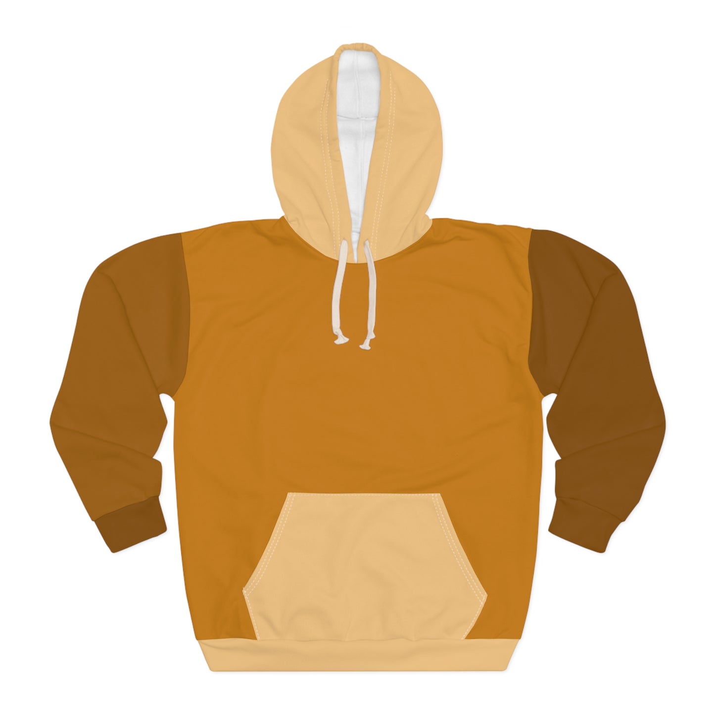 Flat lay front view of the Cinnamon Brown unisex hoodie featuring warm mustard, brown, and beige color-block panels with a front pocket and drawstring hood against a clean white background.