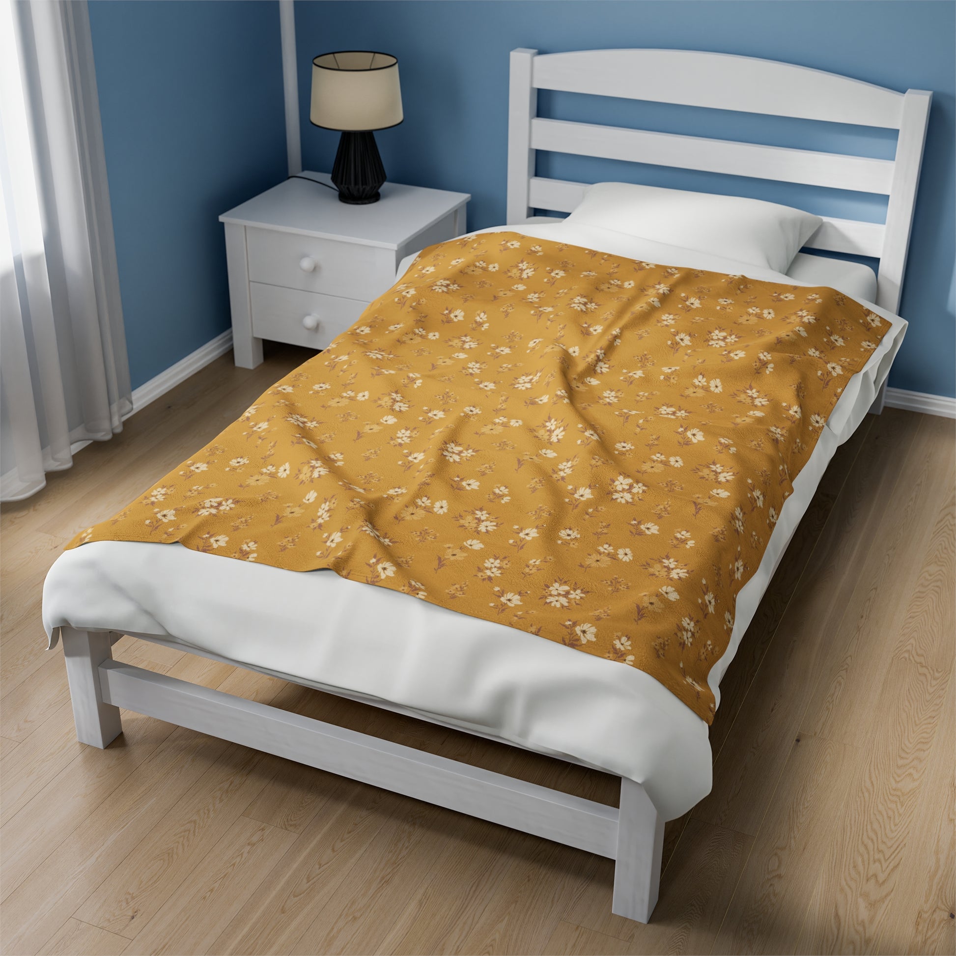 Cinnamon Flowers Plush Blanket on white bed in modern bedroom