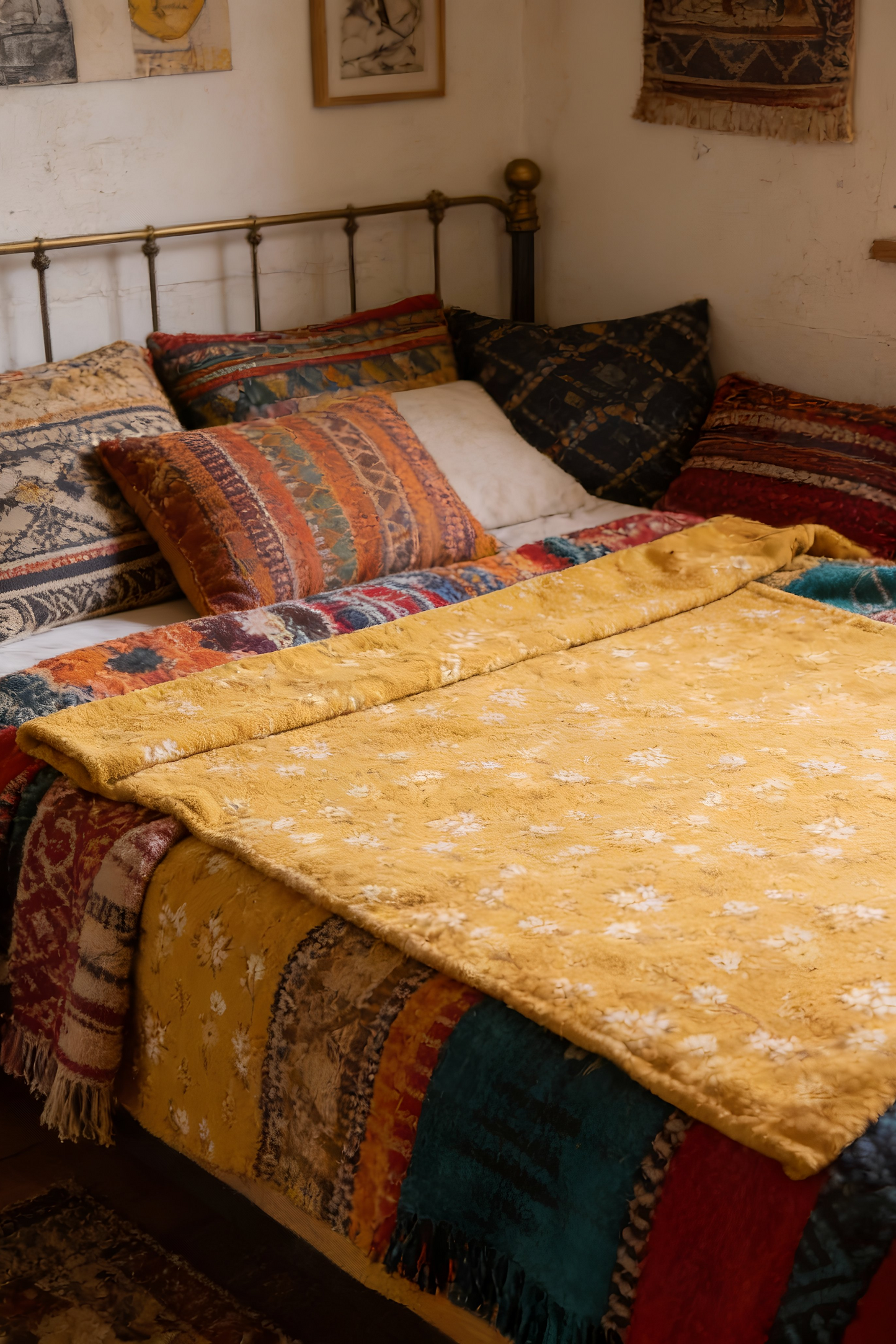 Cinnamon Flowers floral plush blanket layered on a colorful bohemian bedroom bed