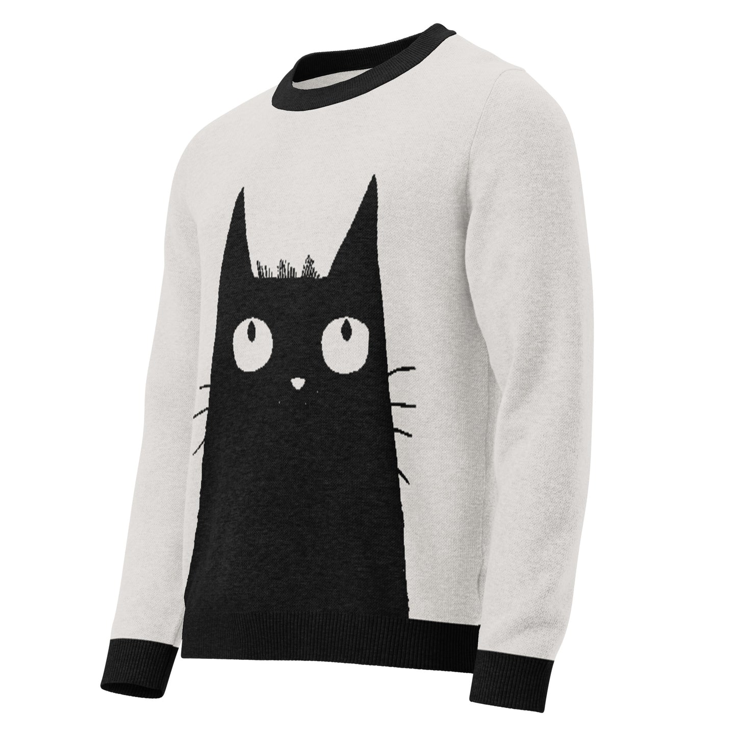 Three quarter view of the cat graphic sweater on a model showing the front design.