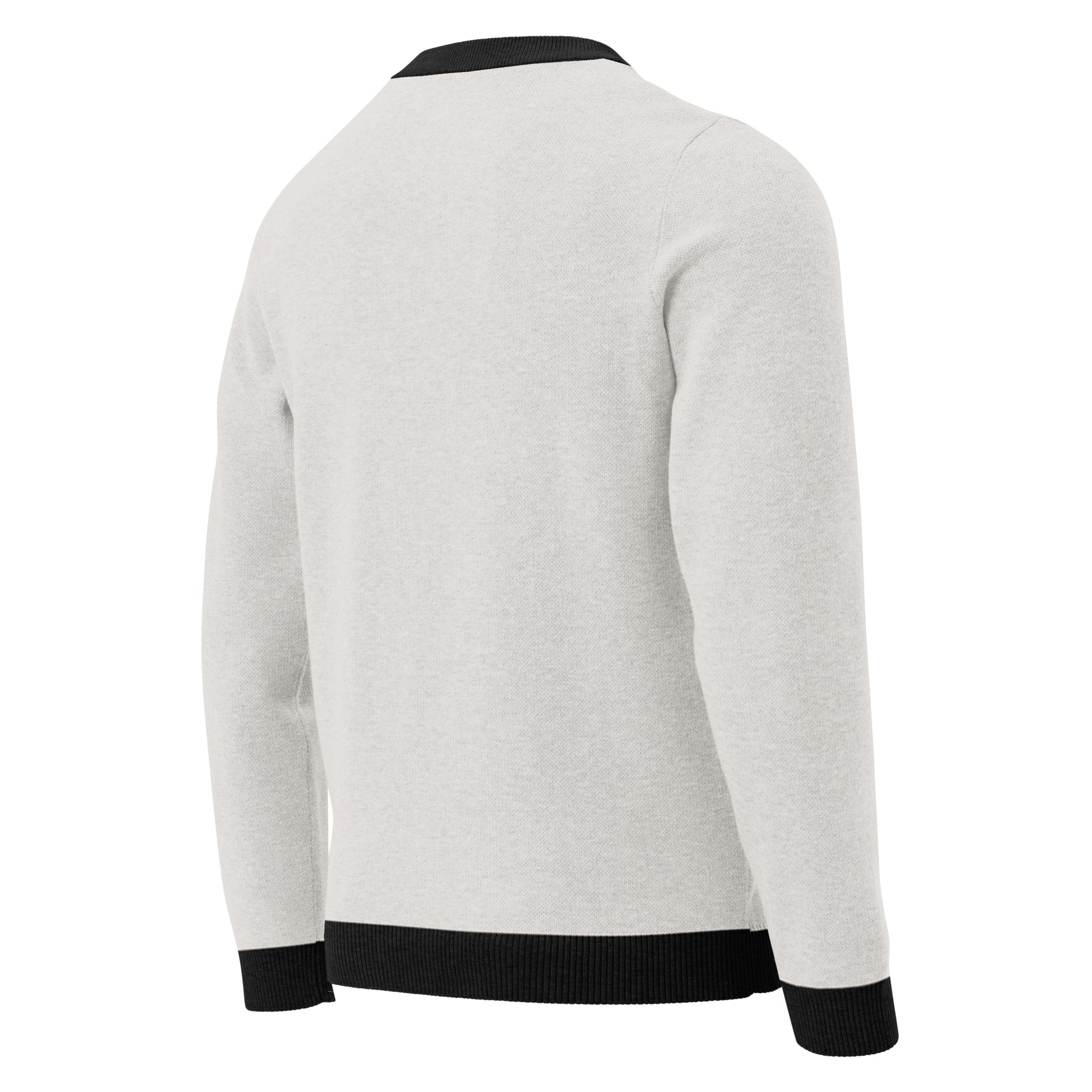 Back view of the light sweater with solid color and contrasting trim.