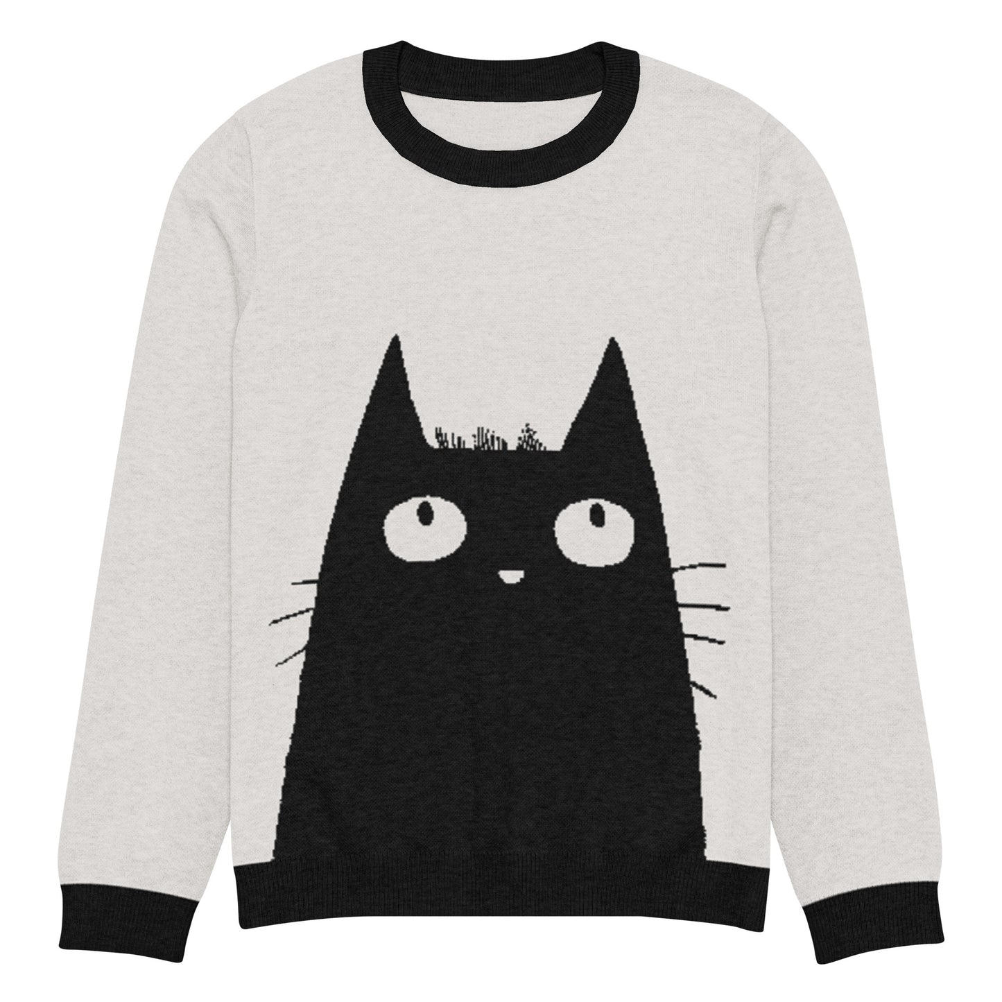 Flat front view of the sweater featuring a large black cat graphic with wide eyes.