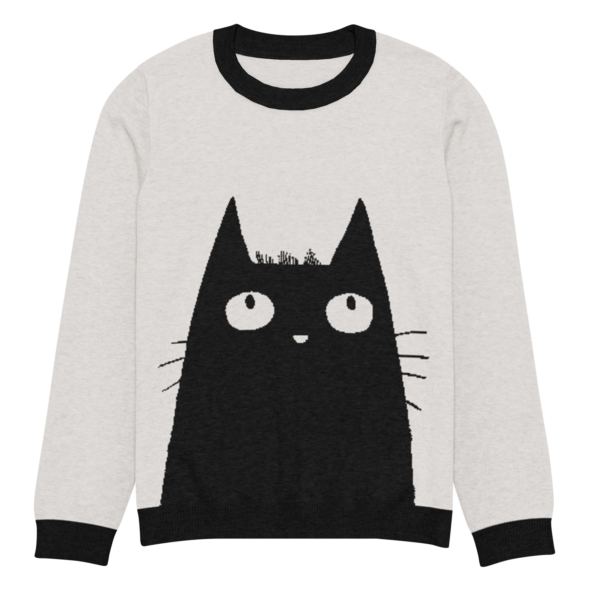 Flat front view of the sweater featuring a large black cat graphic with wide eyes.