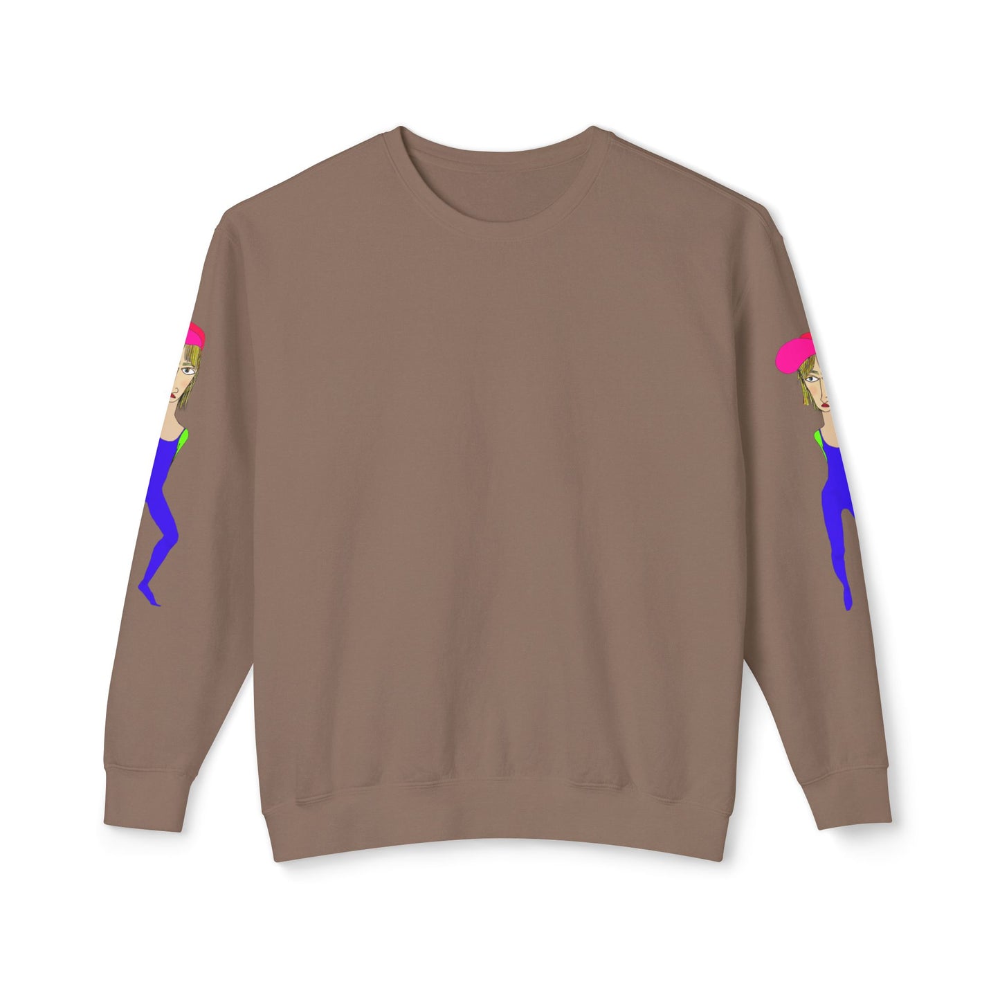 Brown Cody graphic unisex crewneck sweatshirt front view with illustrated sleeve design