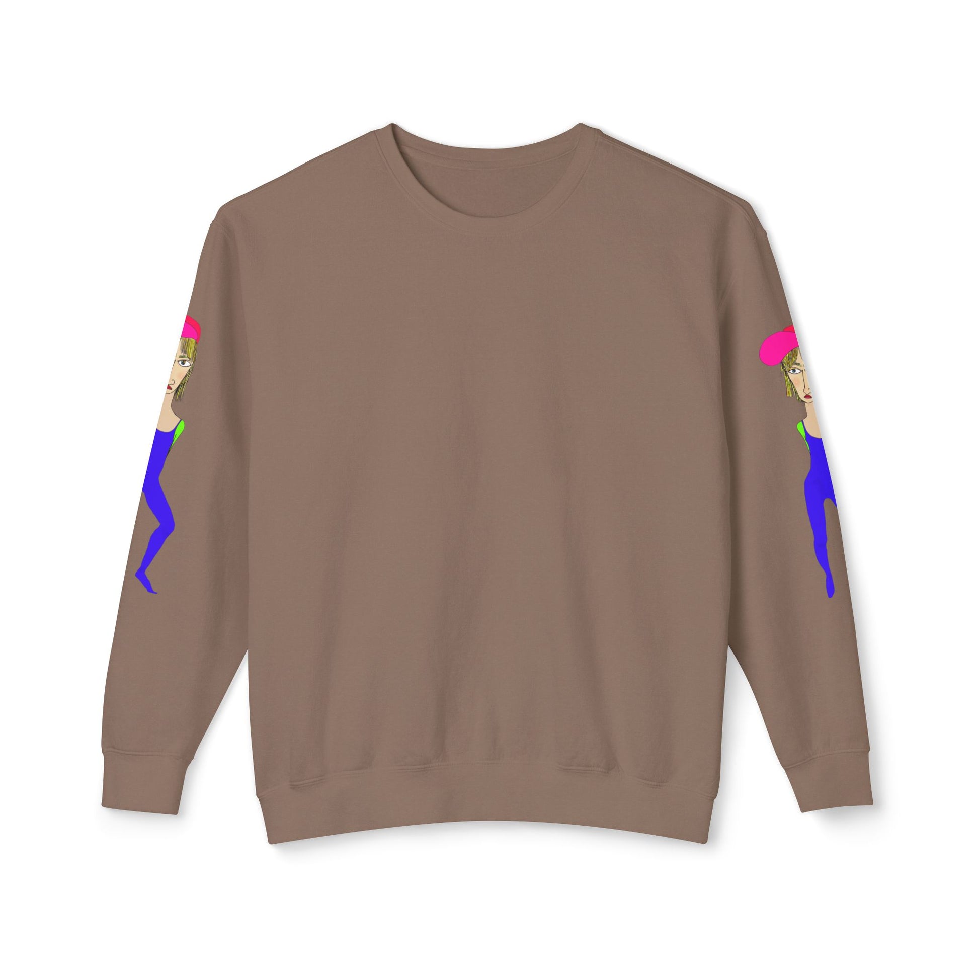 Brown Cody graphic unisex crewneck sweatshirt front view with illustrated sleeve design