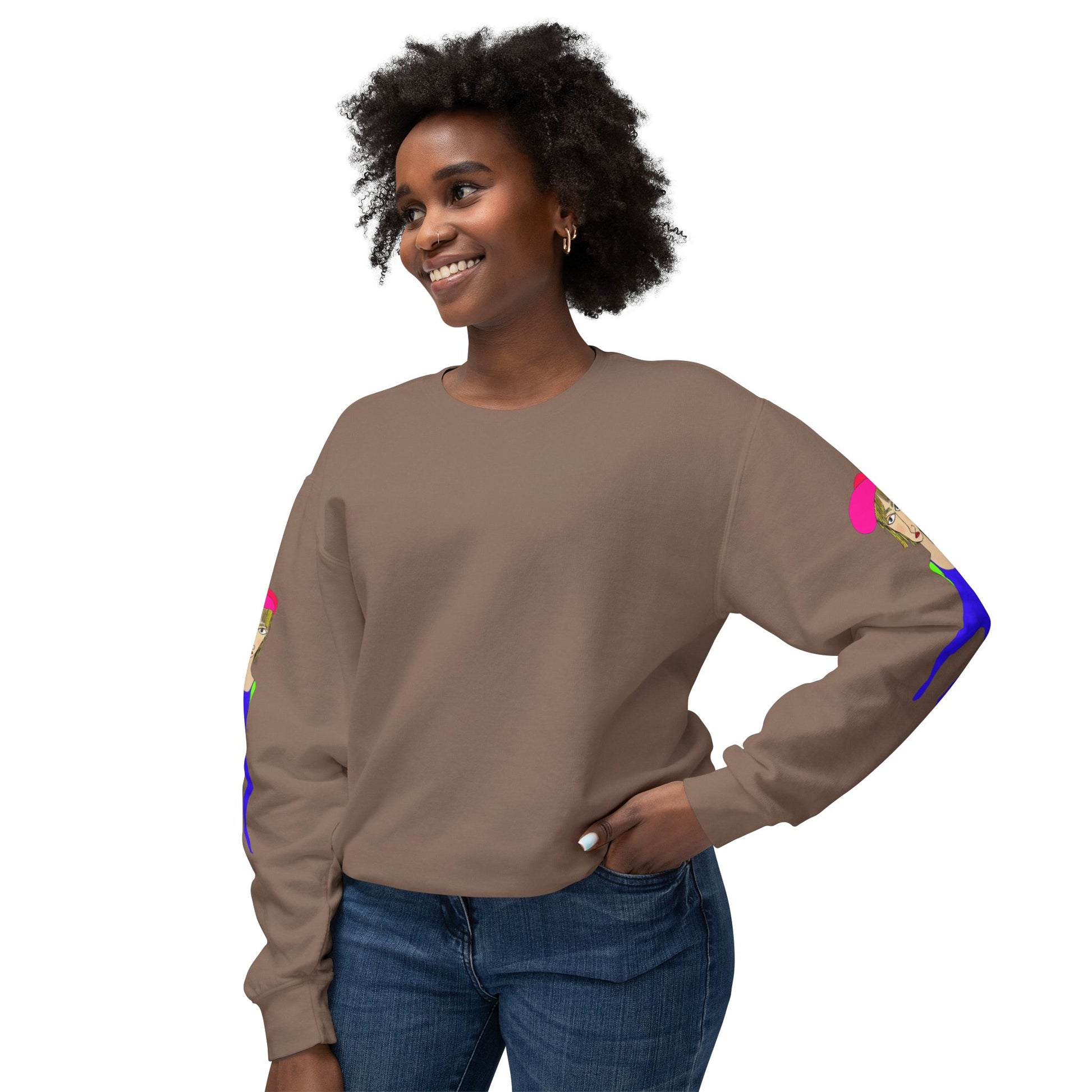 Brown Cody graphic unisex crewneck sweatshirt lifestyle mockup on female model