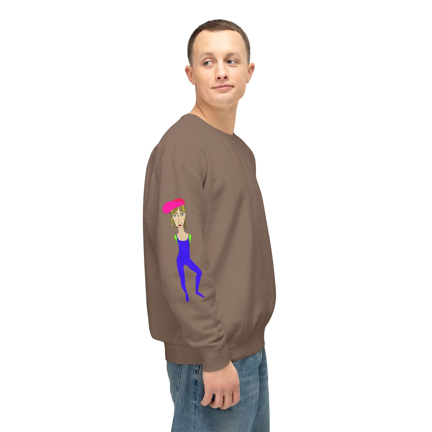 Brown Cody graphic unisex crewneck sweatshirt side view on model