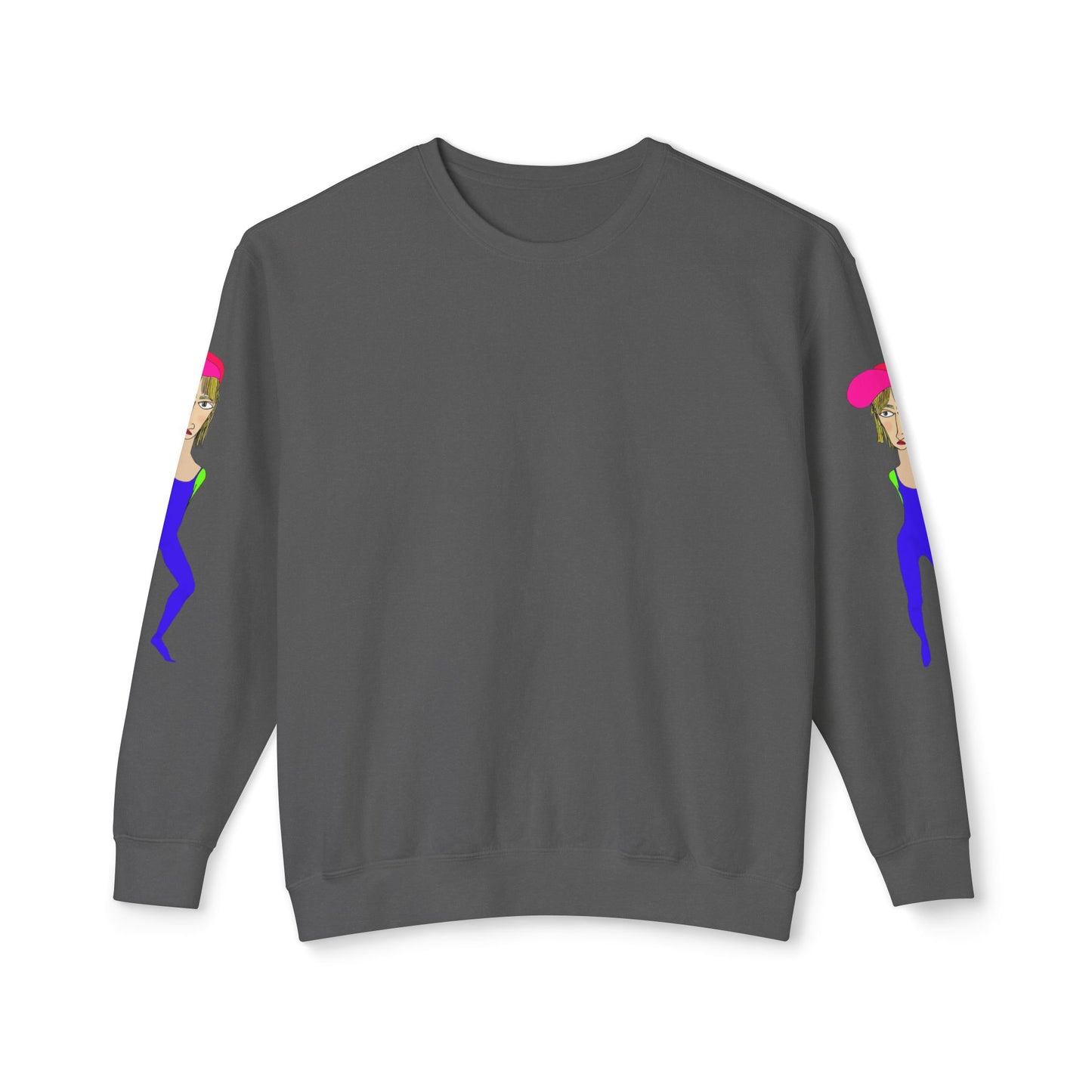 Dark gray Cody graphic unisex crewneck sweatshirt front view with sleeve artwork