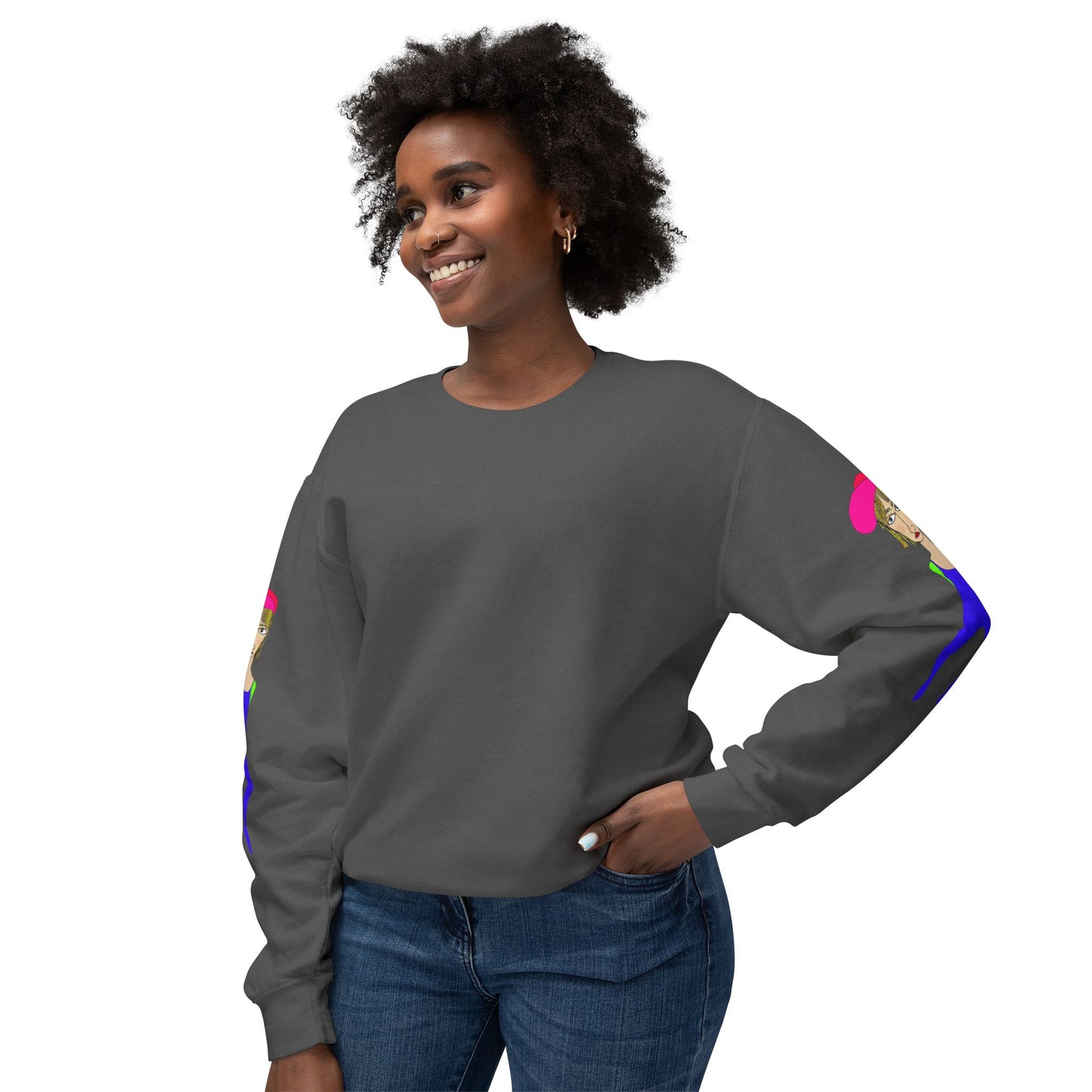 Dark gray Cody graphic unisex crewneck sweatshirt lifestyle mockup on female model
