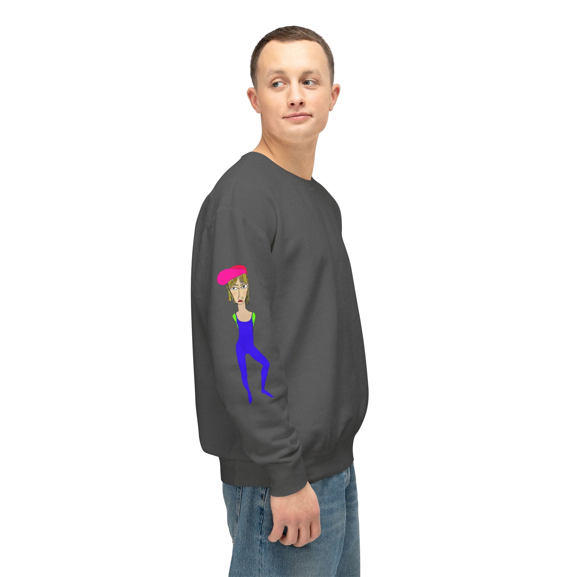 Dark gray Cody graphic unisex crewneck sweatshirt side view on model