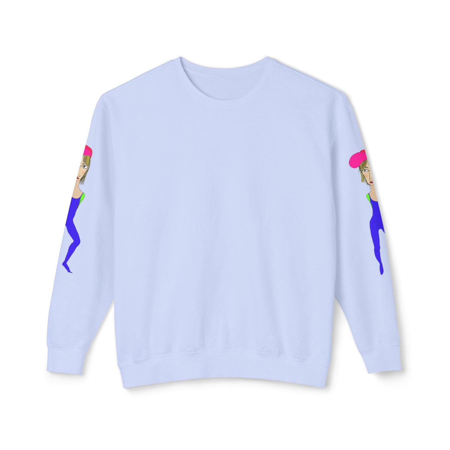 Light blue Cody graphic unisex crewneck sweatshirt front view with sleeve artwork