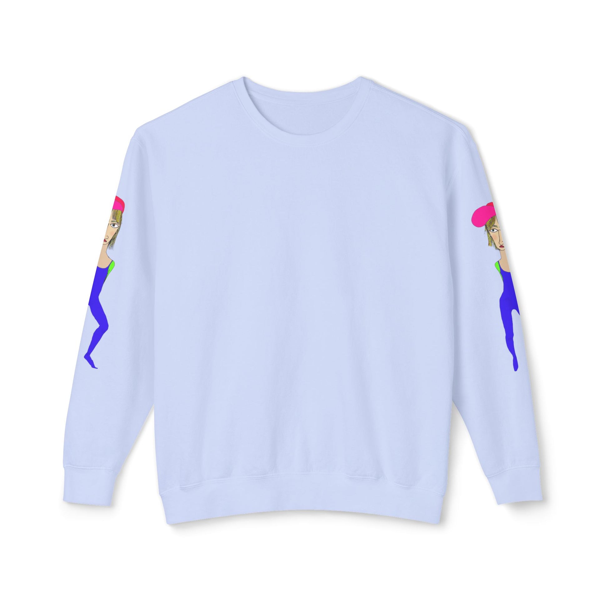Light blue Cody graphic unisex crewneck sweatshirt front view with sleeve artwork