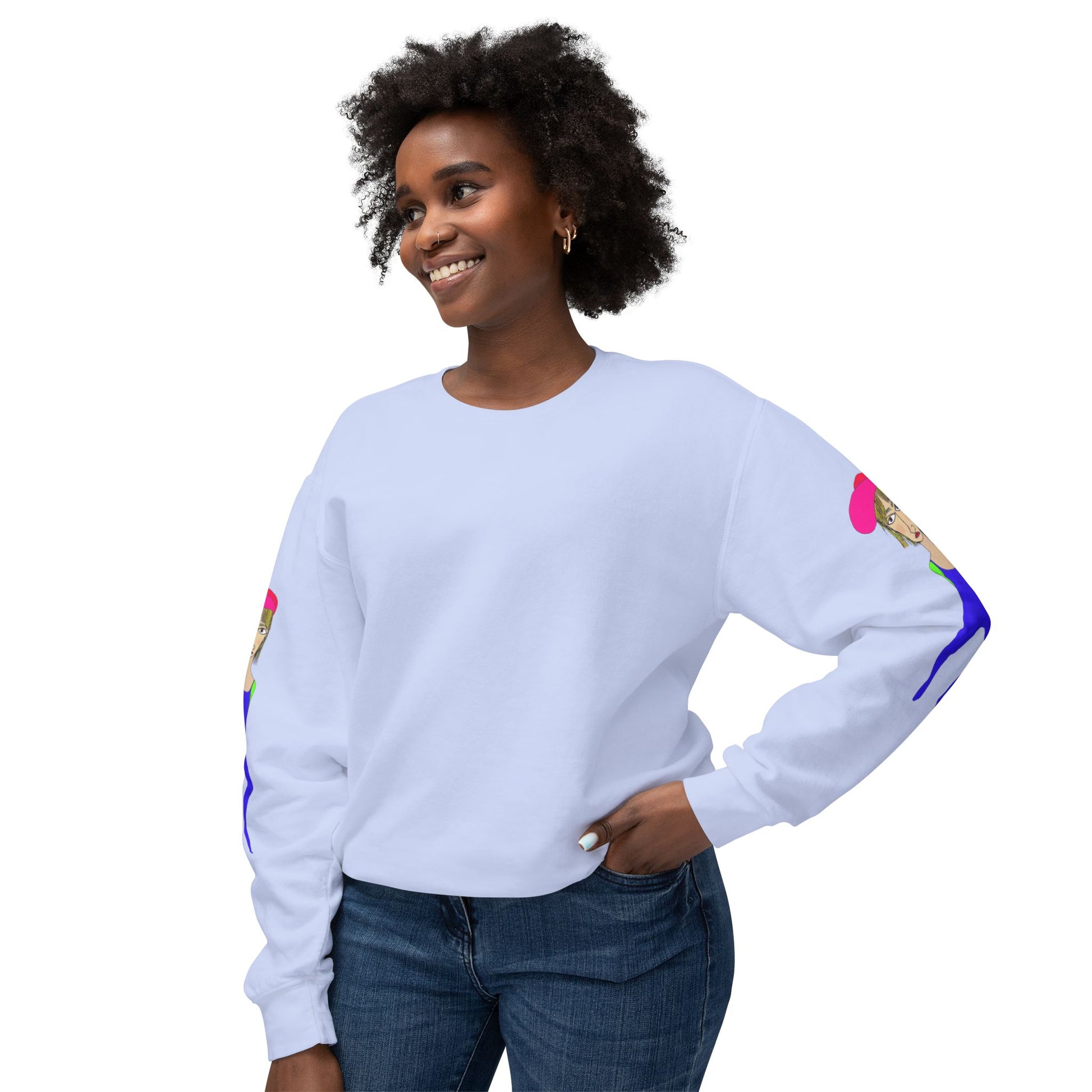 Light blue Cody graphic unisex crewneck sweatshirt lifestyle mockup on female model