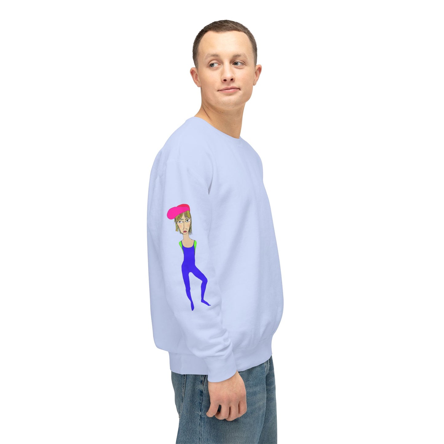 Light blue Cody graphic unisex crewneck sweatshirt side view on model