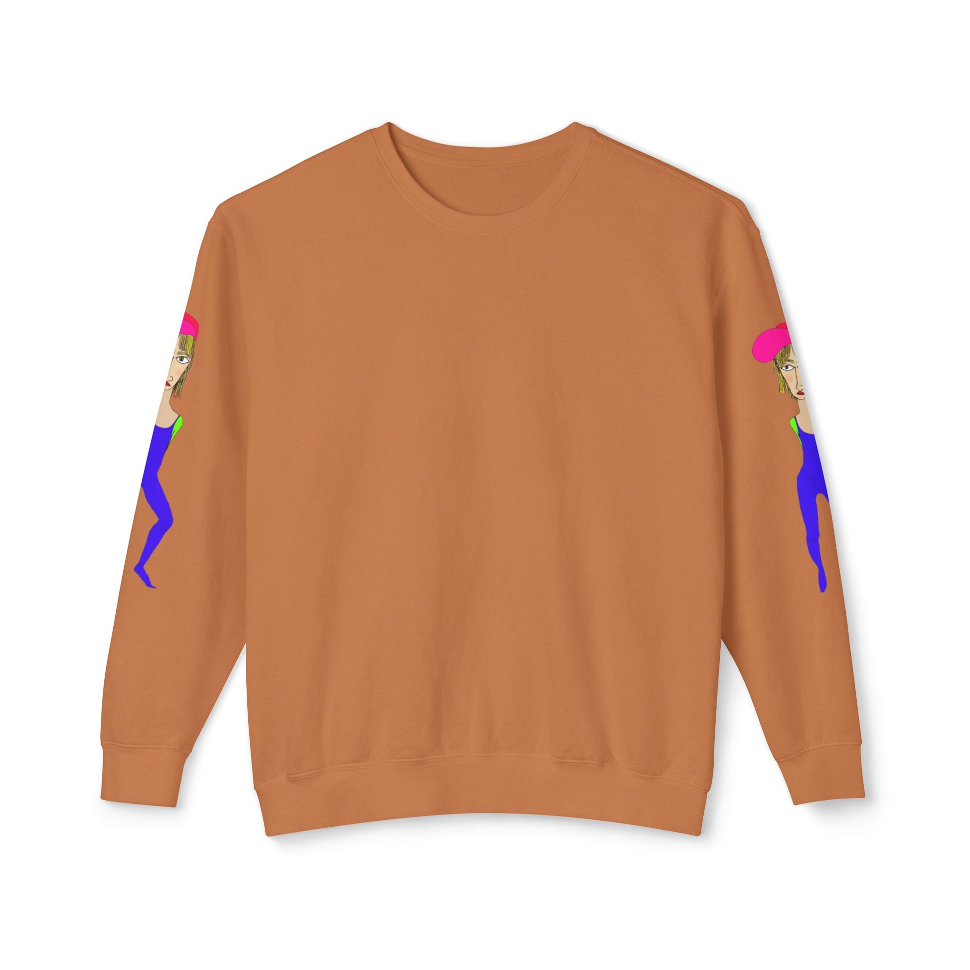 Orange Cody graphic unisex crewneck sweatshirt front view with sleeve artwork