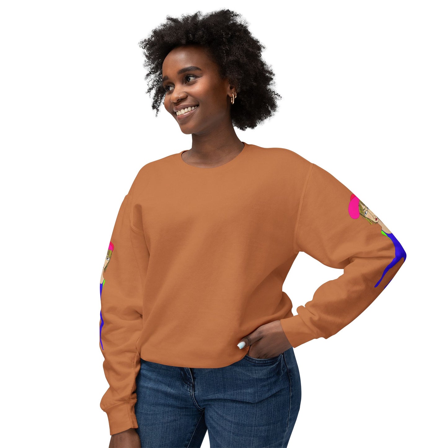 Orange Cody graphic unisex crewneck sweatshirt lifestyle mockup on female model