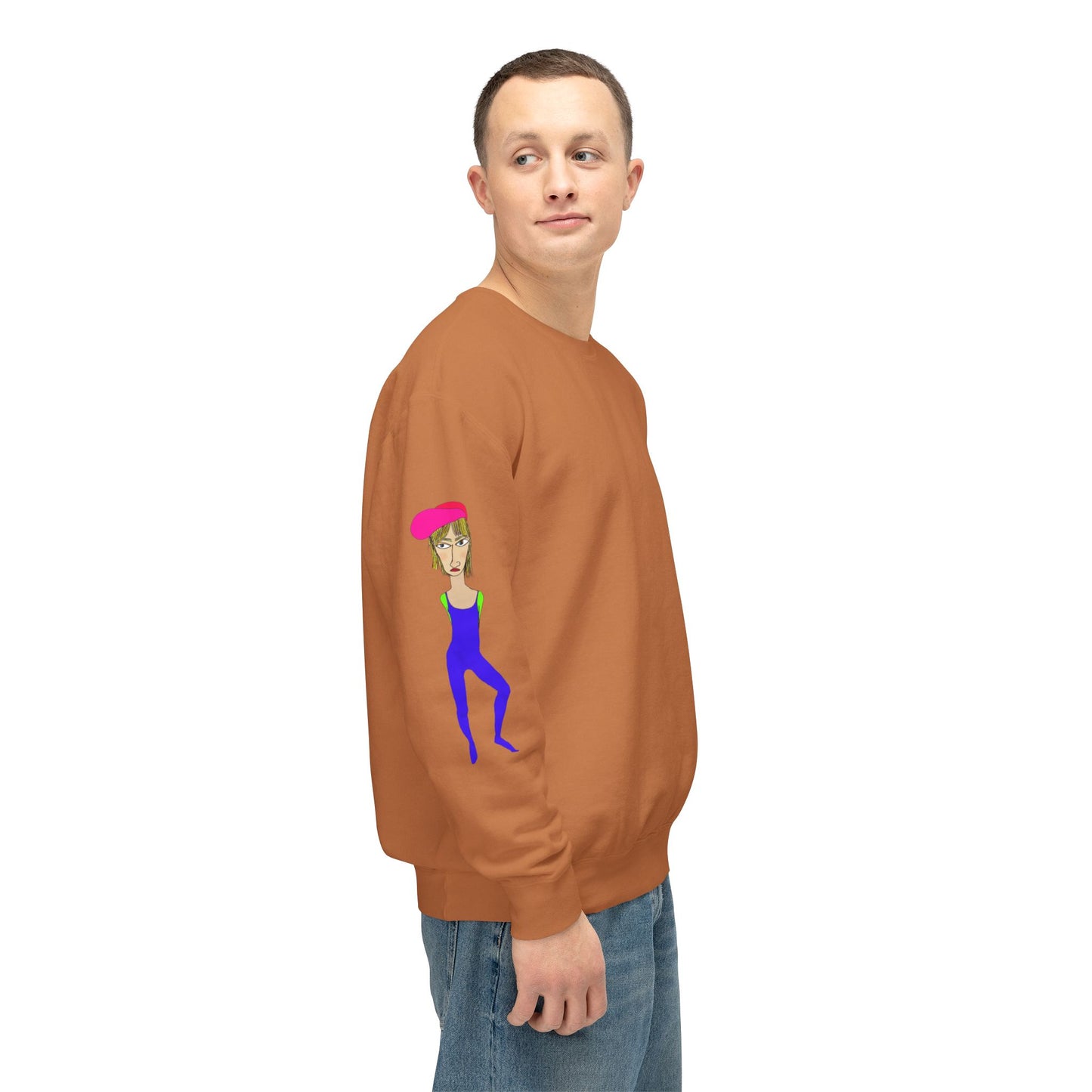 Orange Cody graphic unisex crewneck sweatshirt side view on model