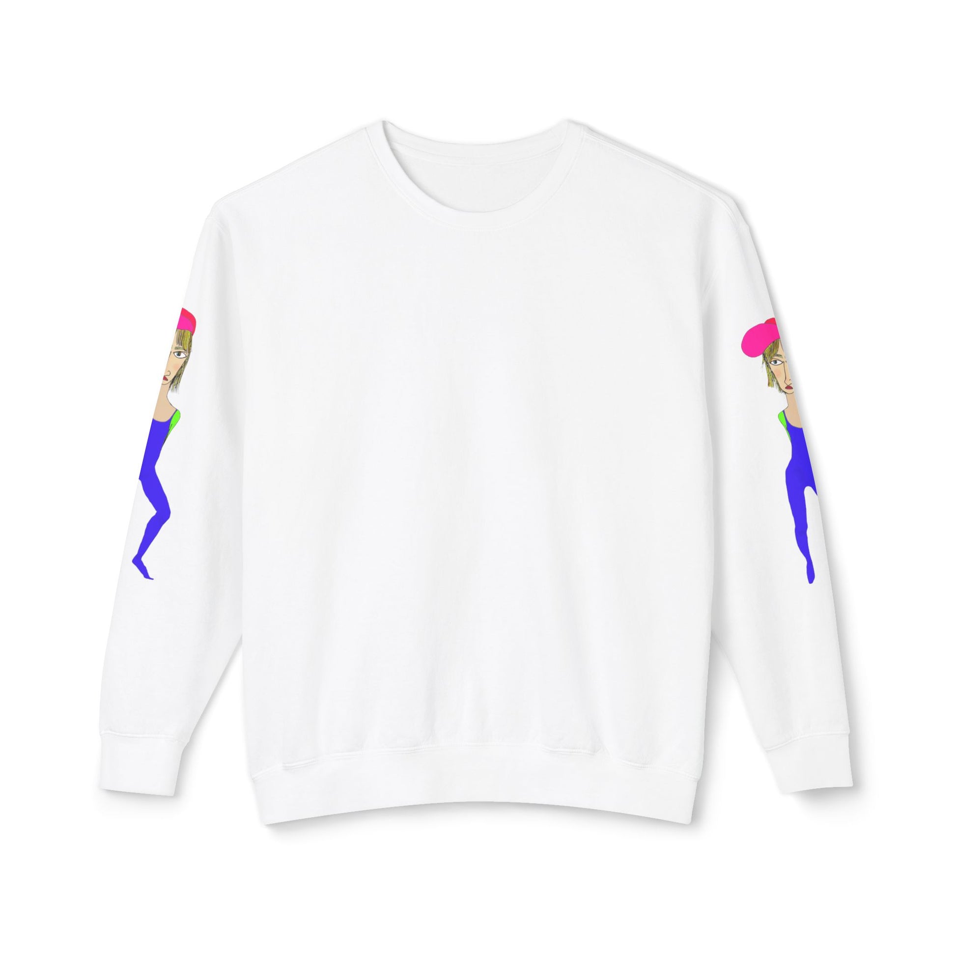 White Cody graphic unisex crewneck sweatshirt front view with sleeve artwork