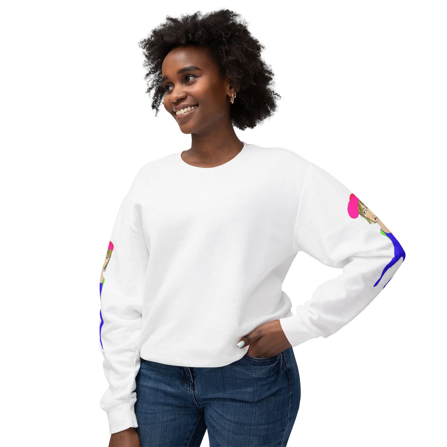 White Cody graphic unisex crewneck sweatshirt lifestyle mockup on female model