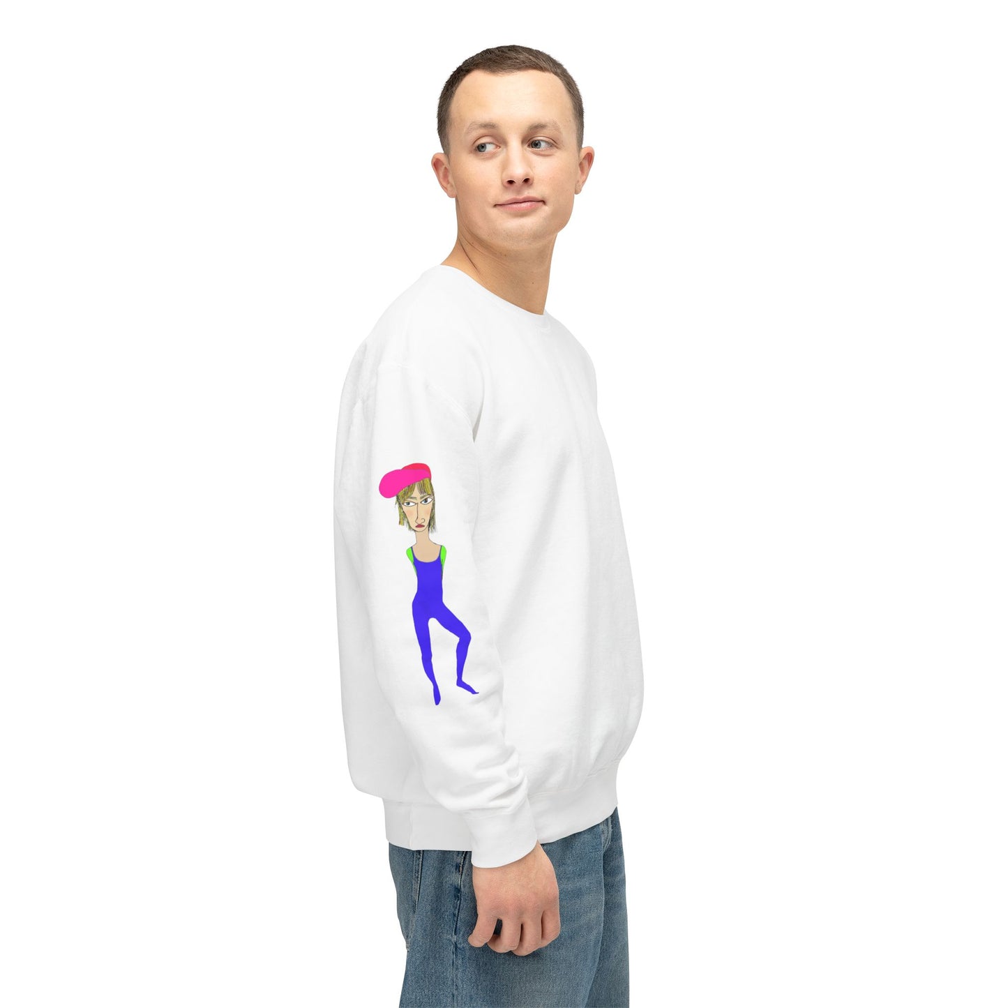 White Cody graphic unisex crewneck sweatshirt side view on model