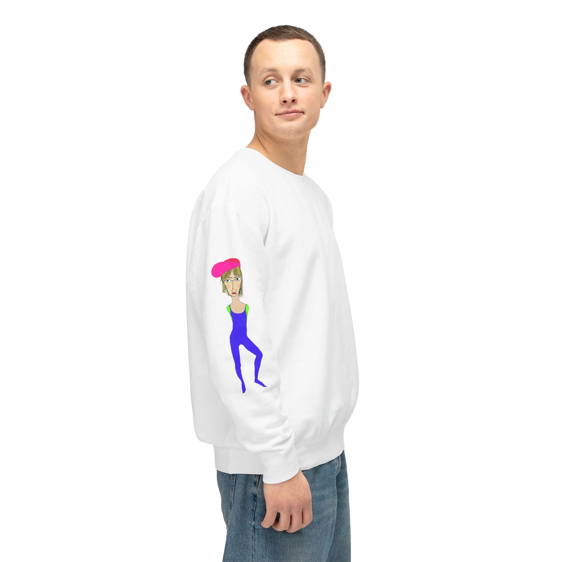 White Cody graphic unisex crewneck sweatshirt side view on model