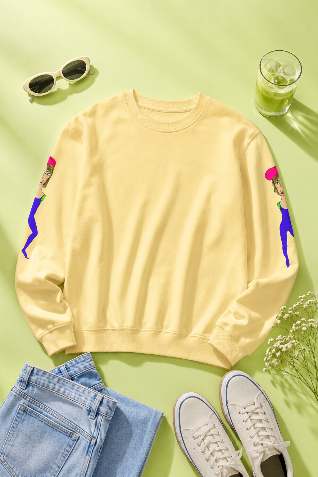 Yellow Cody graphic unisex crewneck sweatshirt flat lay mockup on pastel lime green background